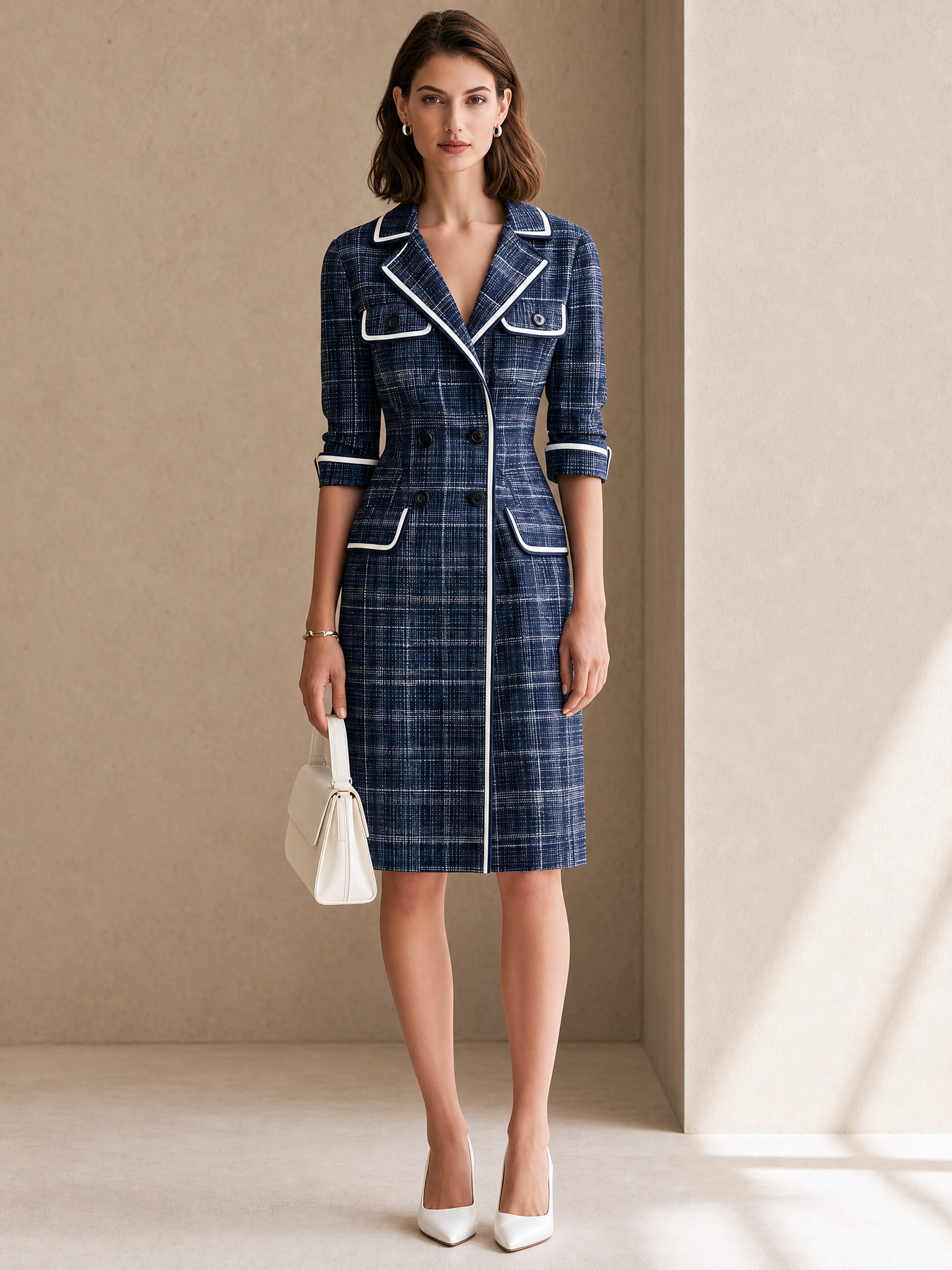 Blue Plaid Coat With White Piping