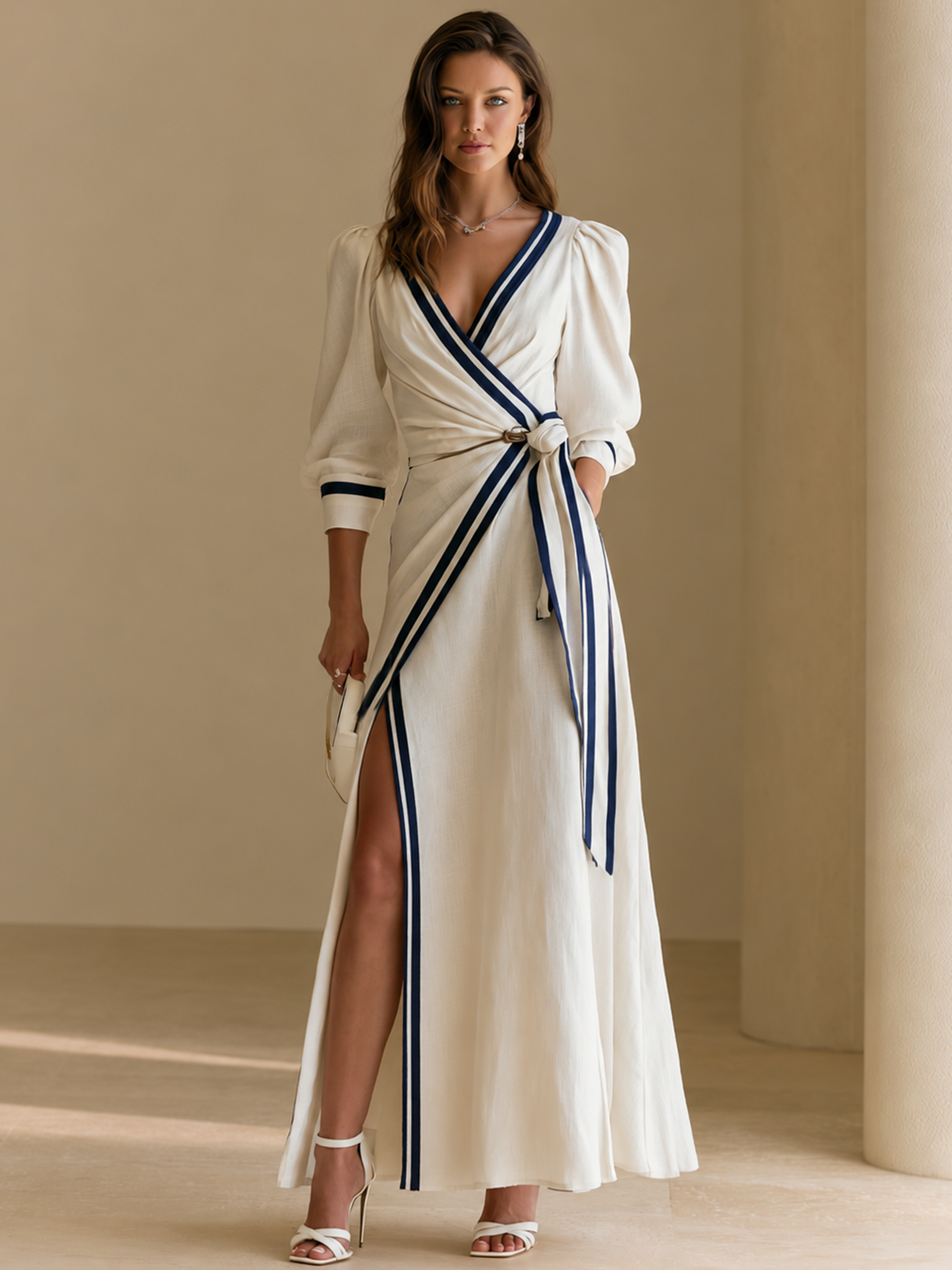 Elegant White Contrast Trim Wrap Linen Blend Maxi Dress