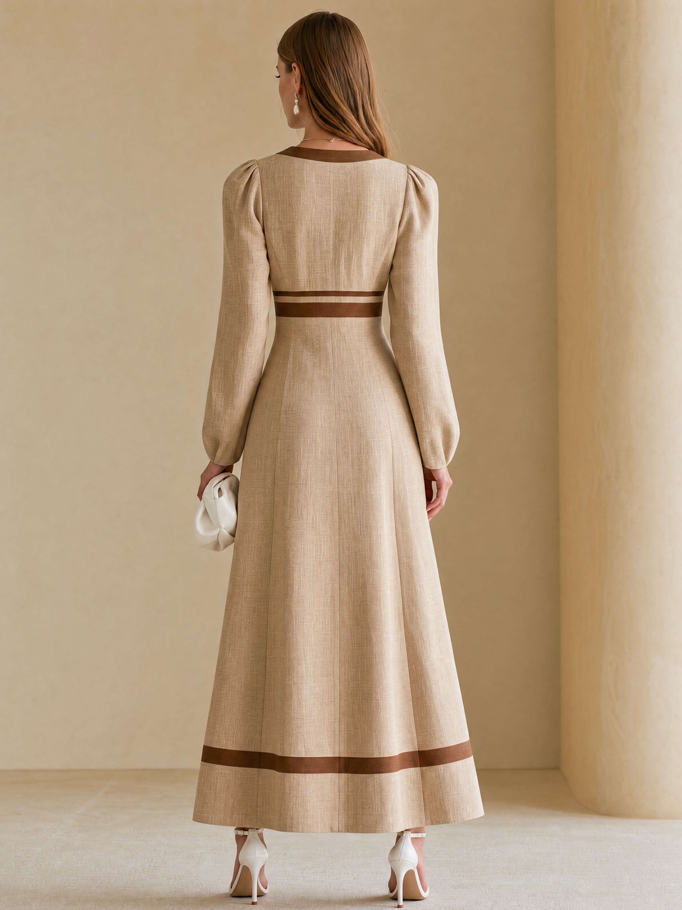 Elegant Khaki Contrast Trim Linen Blend V-Neck Midi Dress