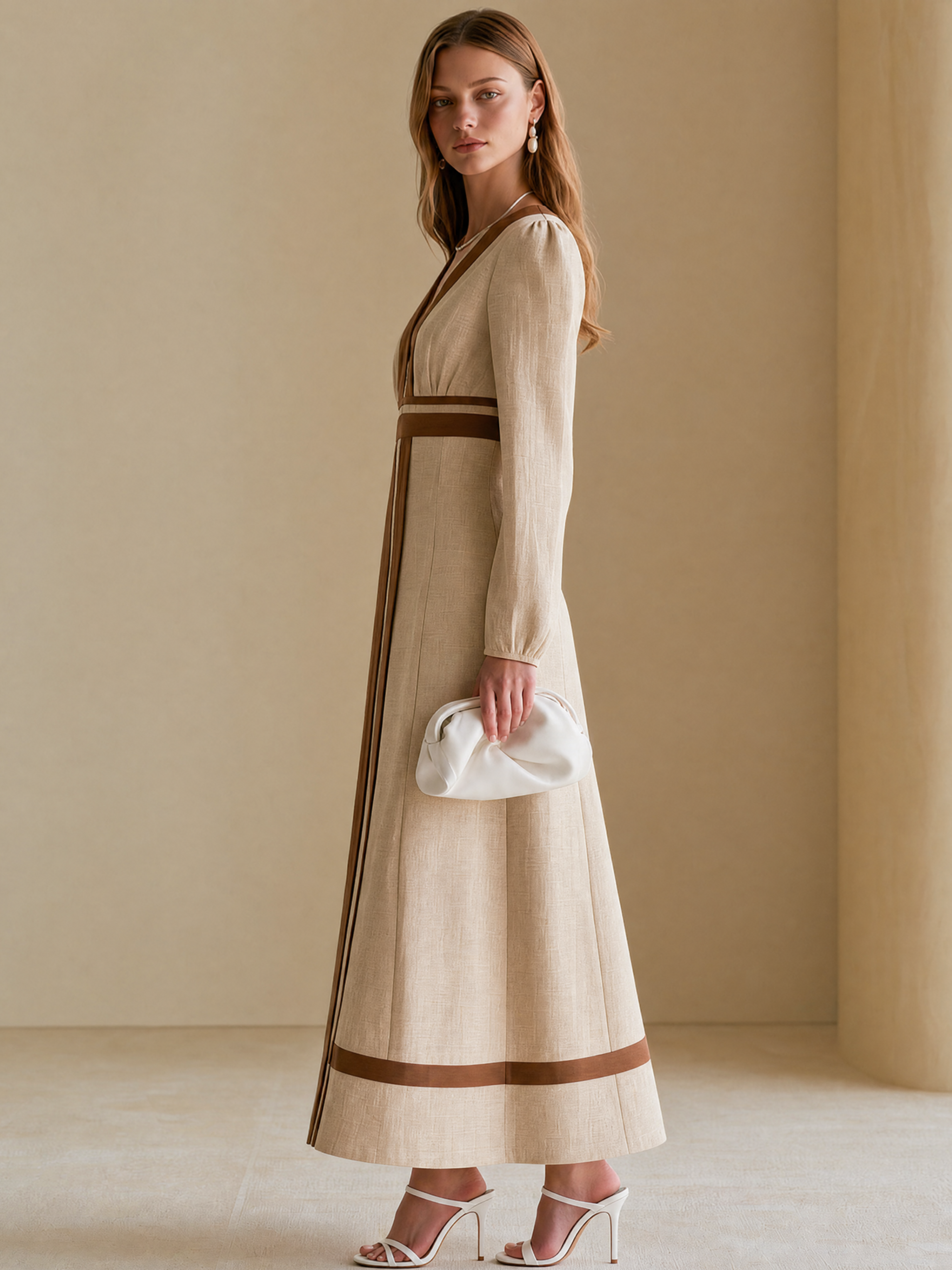 Elegant Khaki Contrast Trim Linen Blend V-Neck Midi Dress