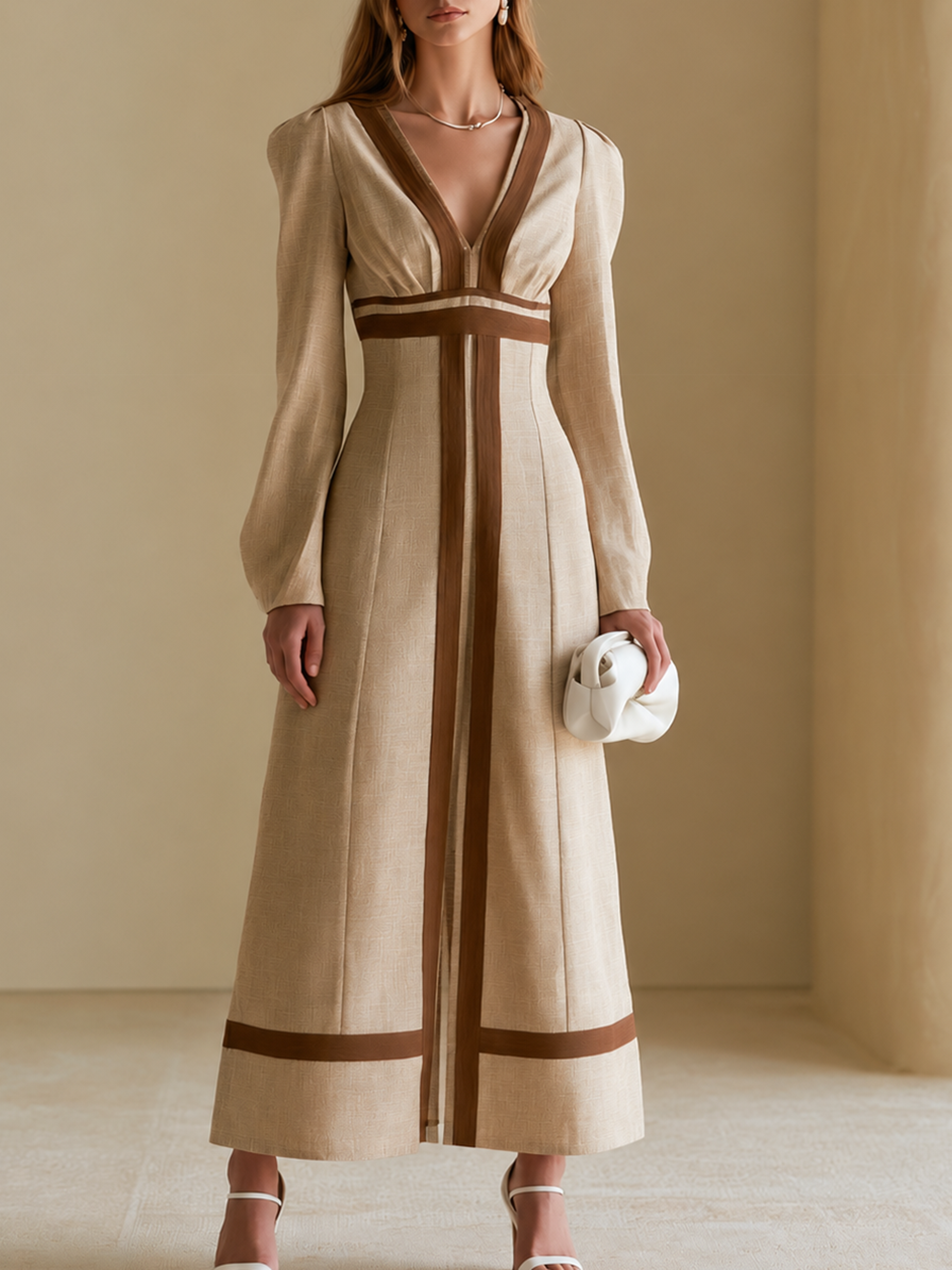 Elegant Khaki Contrast Trim Linen Blend V-Neck Midi Dress