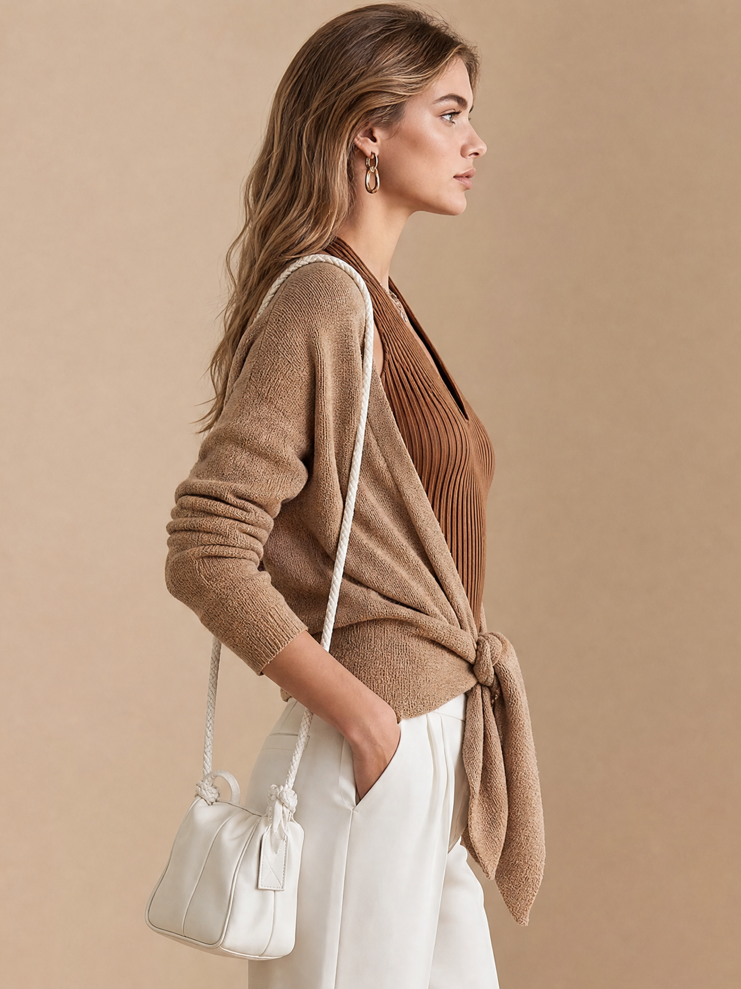 Elegant Brown Ribbed Halter Knit Top & Cardigan Two-Piece Set