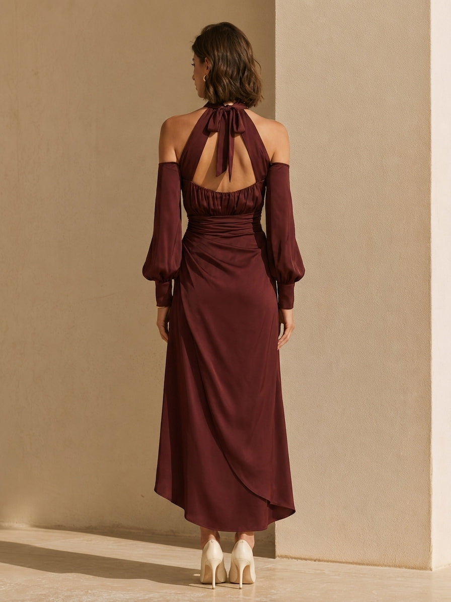 Burgundy Long-sleeved Halter Dress