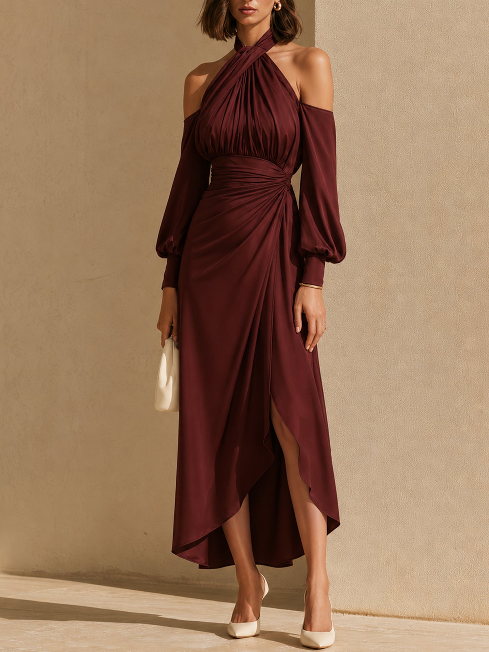 Burgundy Long-sleeved Halter Dress
