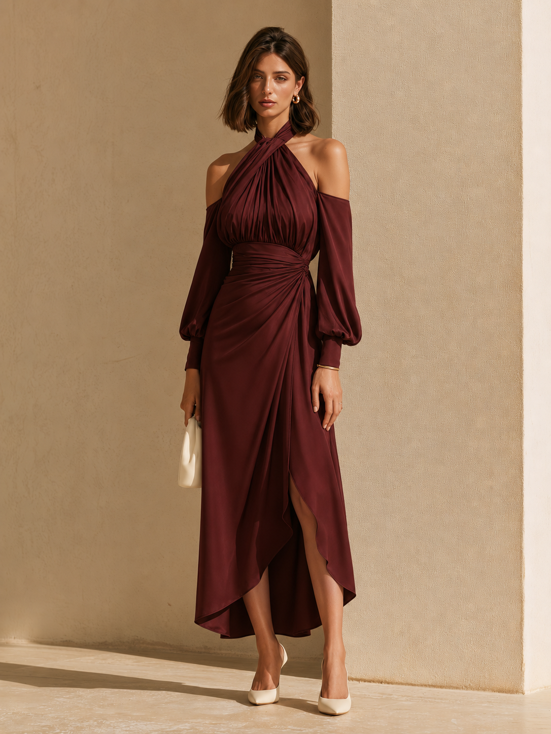 Burgundy Long-sleeved Halter Dress