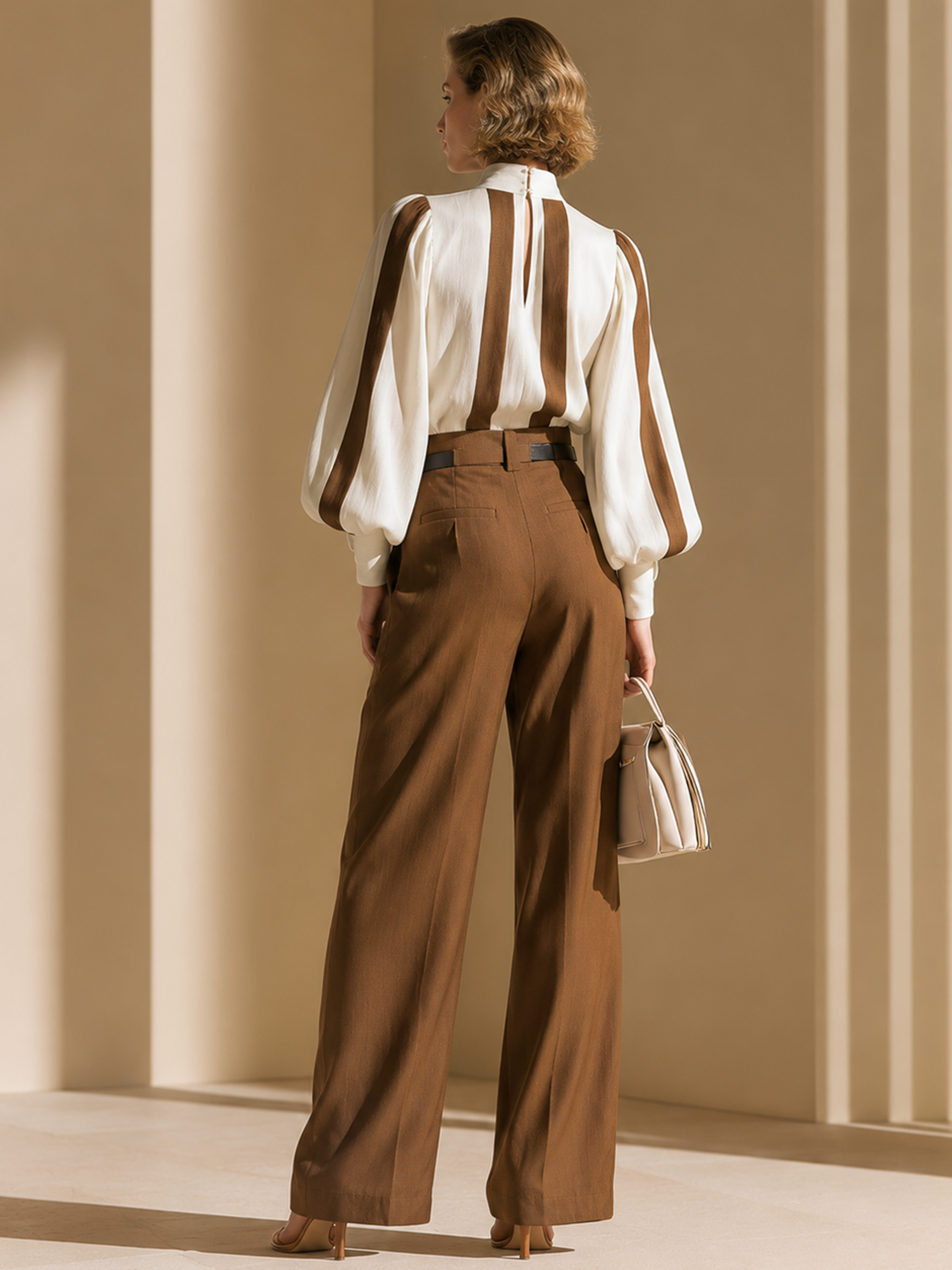 Elegant White V-Neck Puff Sleeve Blouse & Brown Wide-Leg Pants Set
