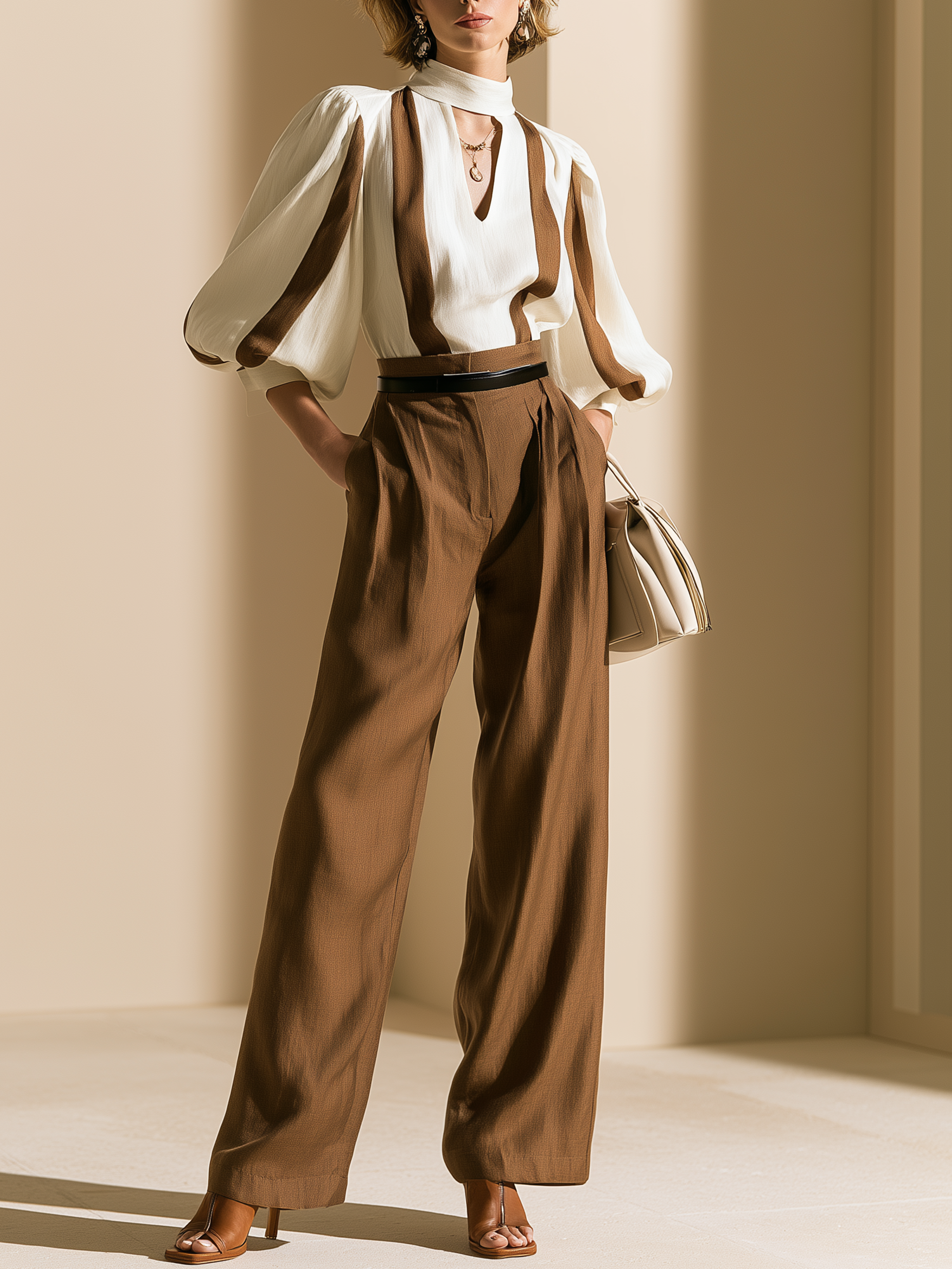 Elegant White V-Neck Puff Sleeve Blouse & Brown Wide-Leg Pants Set