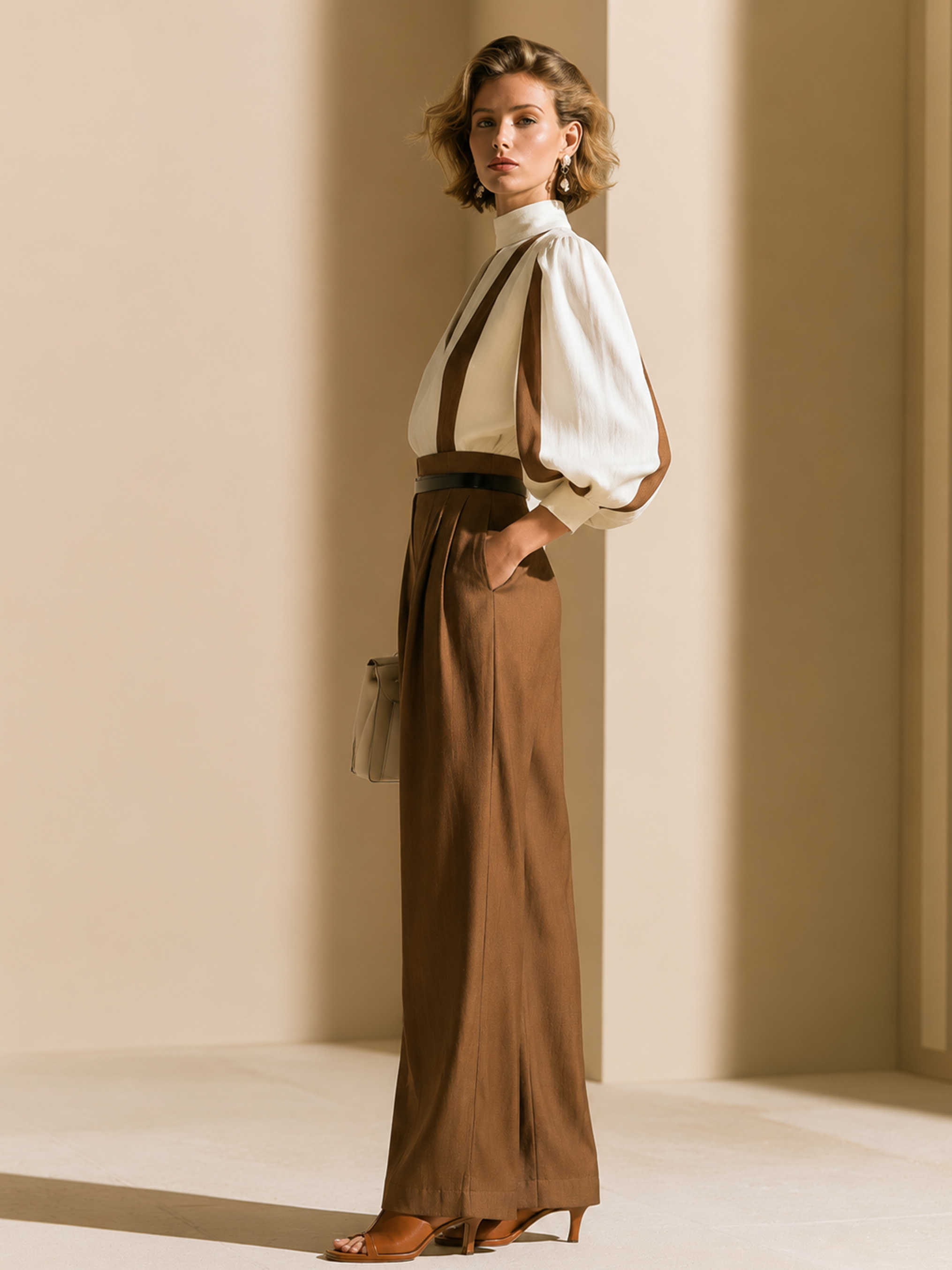 Elegant White V-Neck Puff Sleeve Blouse & Brown Wide-Leg Pants Set