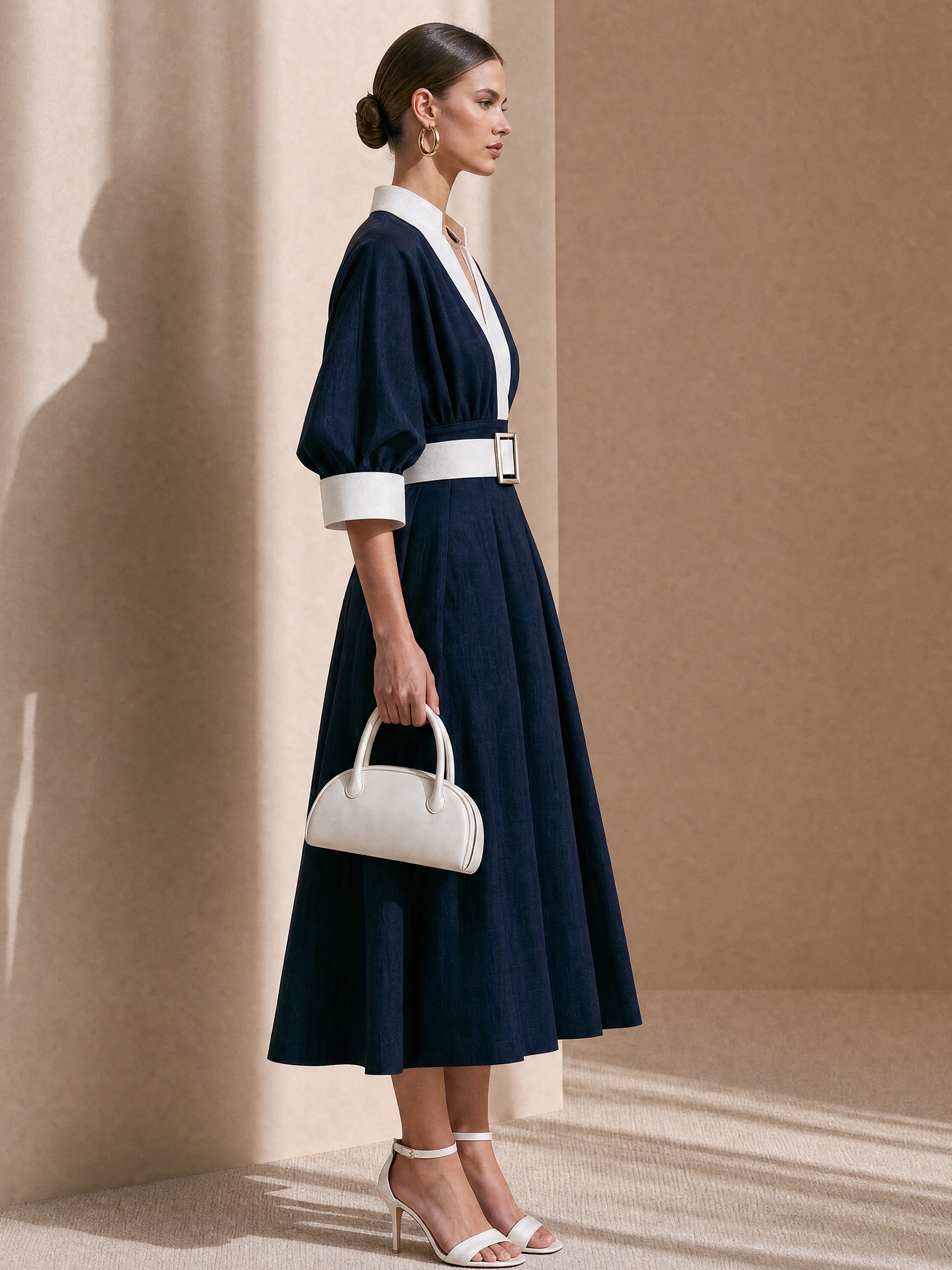 Elegant Navy Blue Linen Blend V-Neck Midi Dress