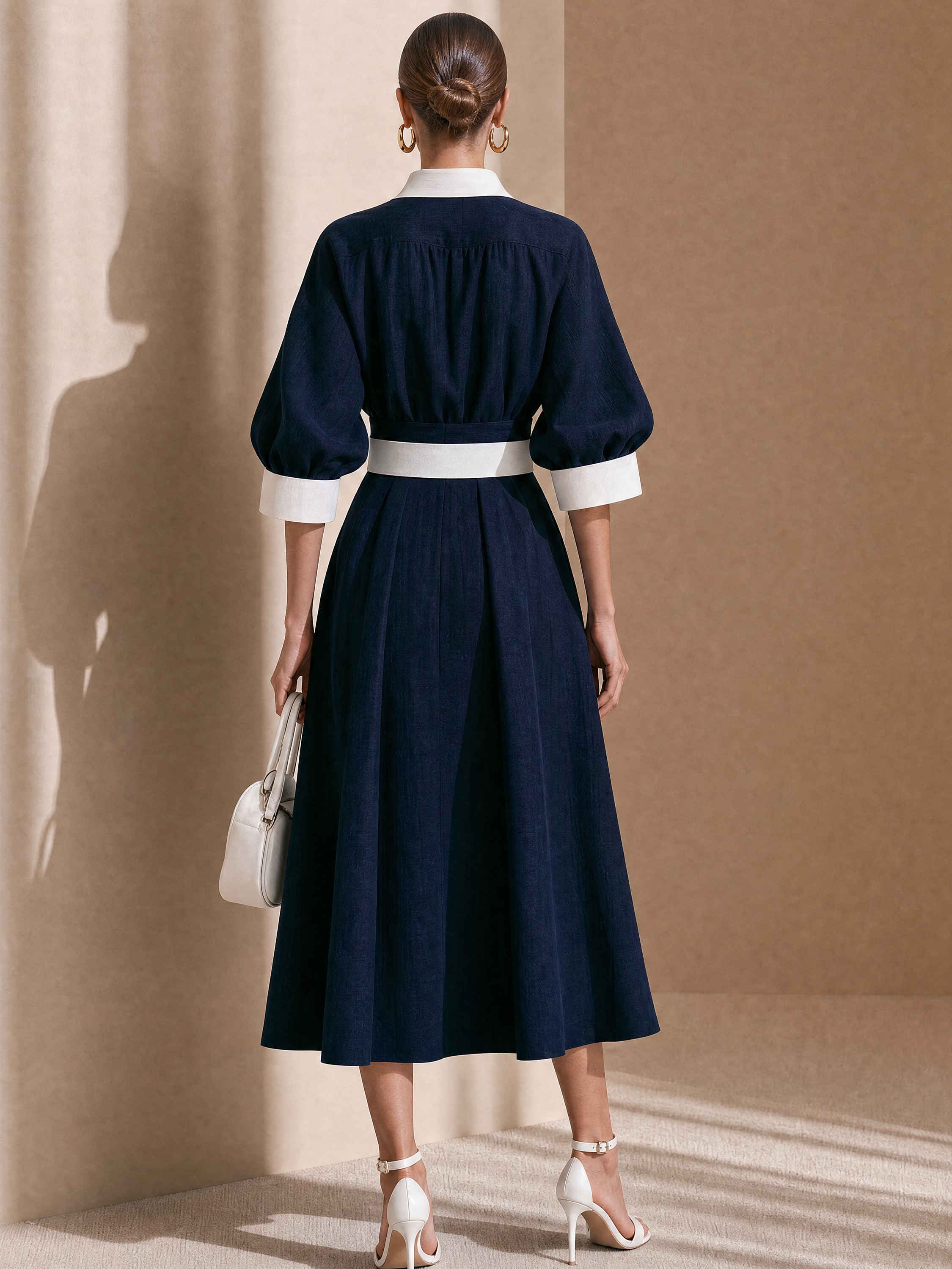 Elegant Navy Blue Linen Blend V-Neck Midi Dress