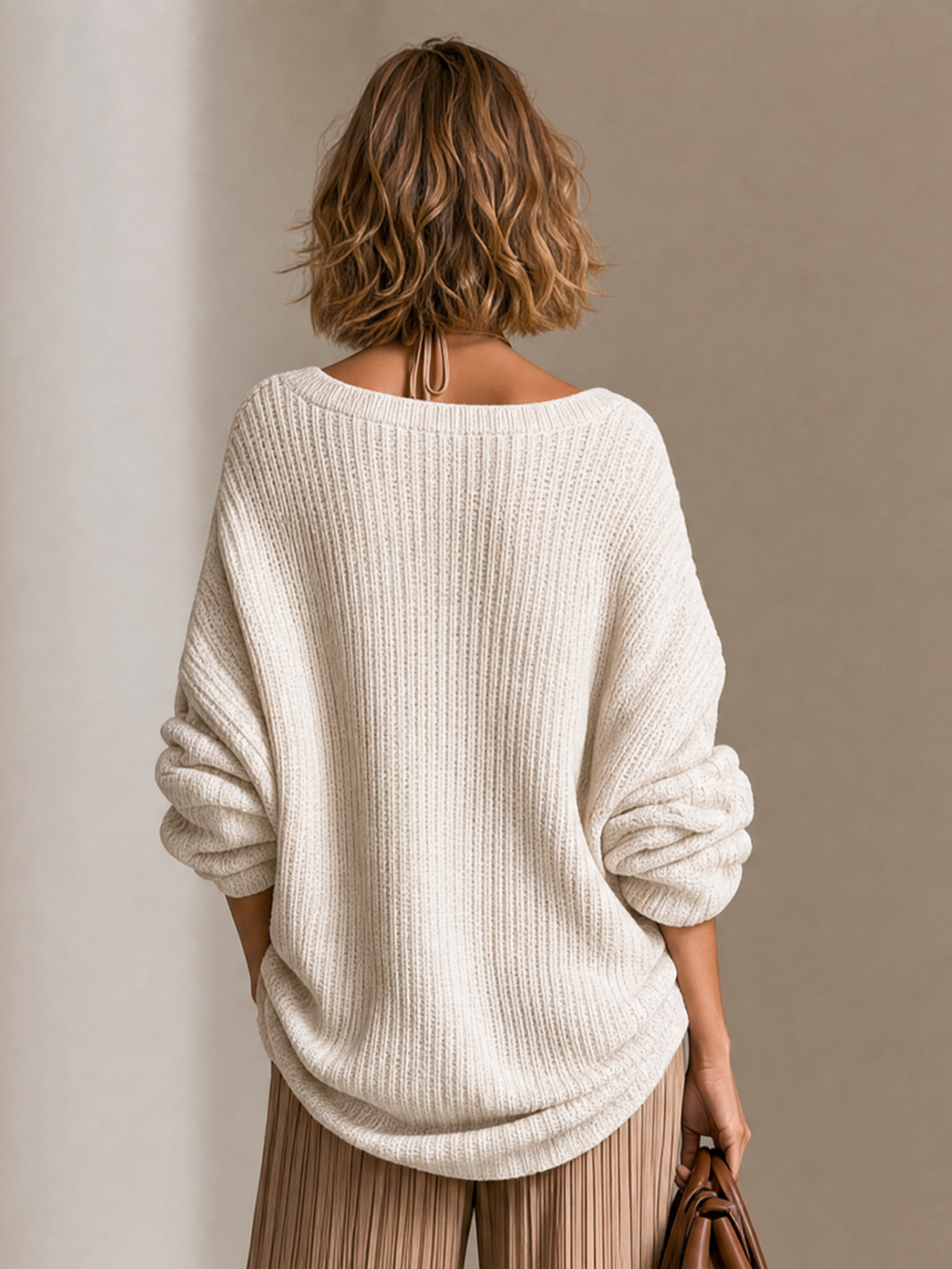 Elegant White Ribbed Knit Sweater & Champagne Halter Top Two-Piece Set