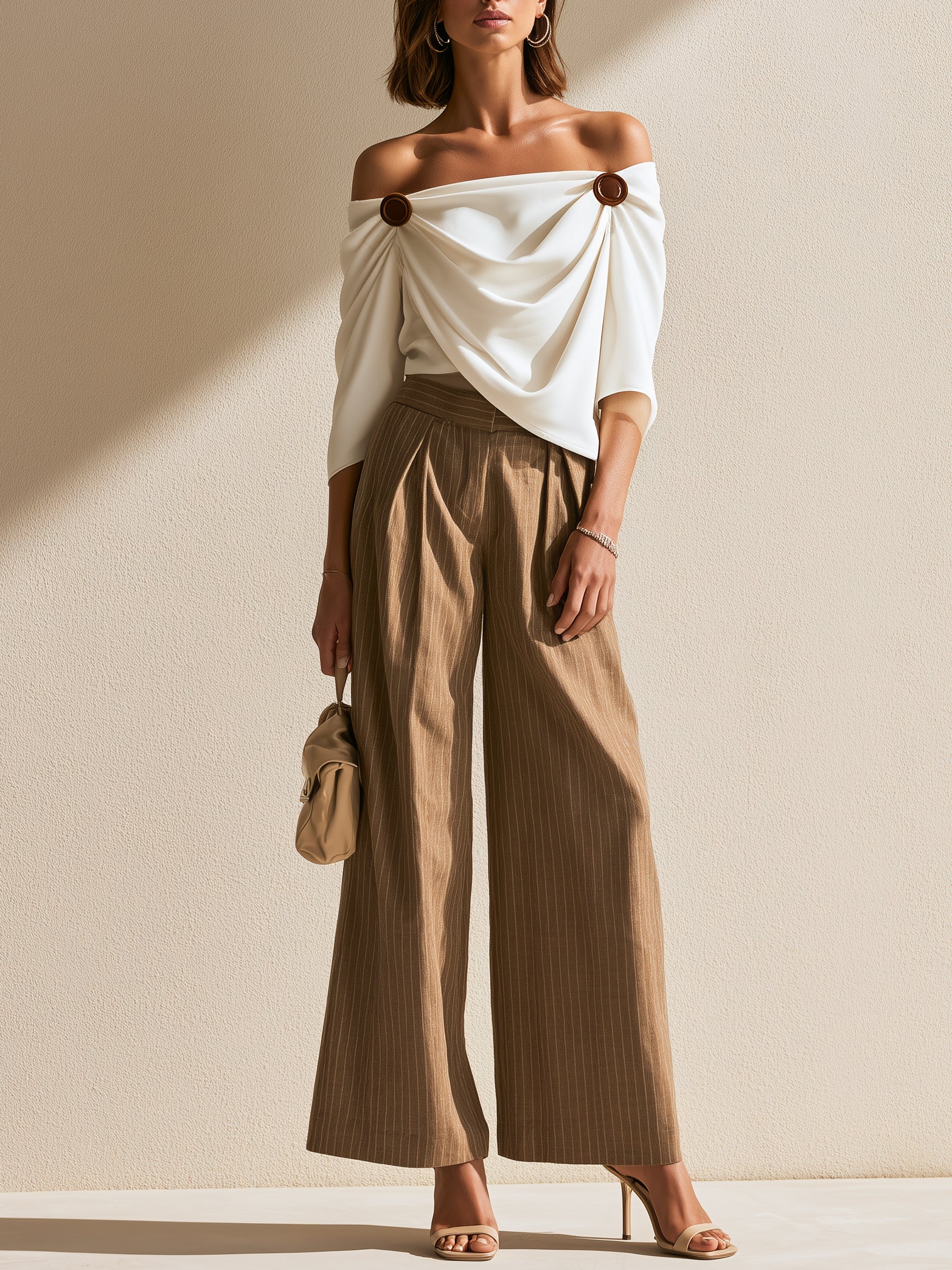 White Shawl-collar Top And Brown Trousers Set
