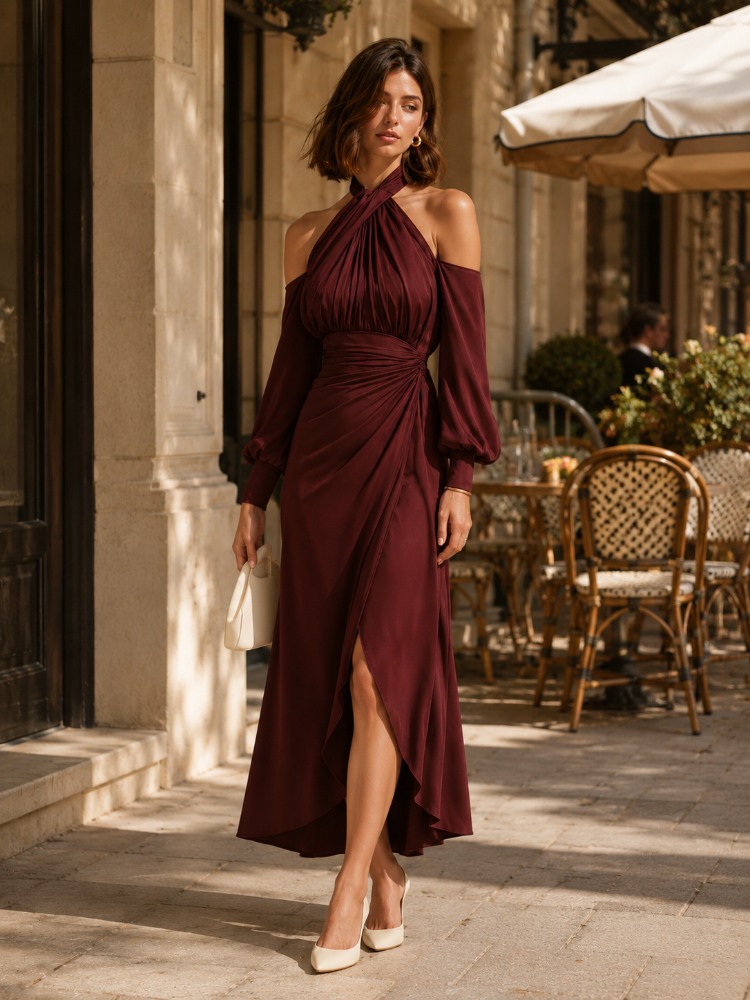 Burgundy Long-sleeved Halter Dress
