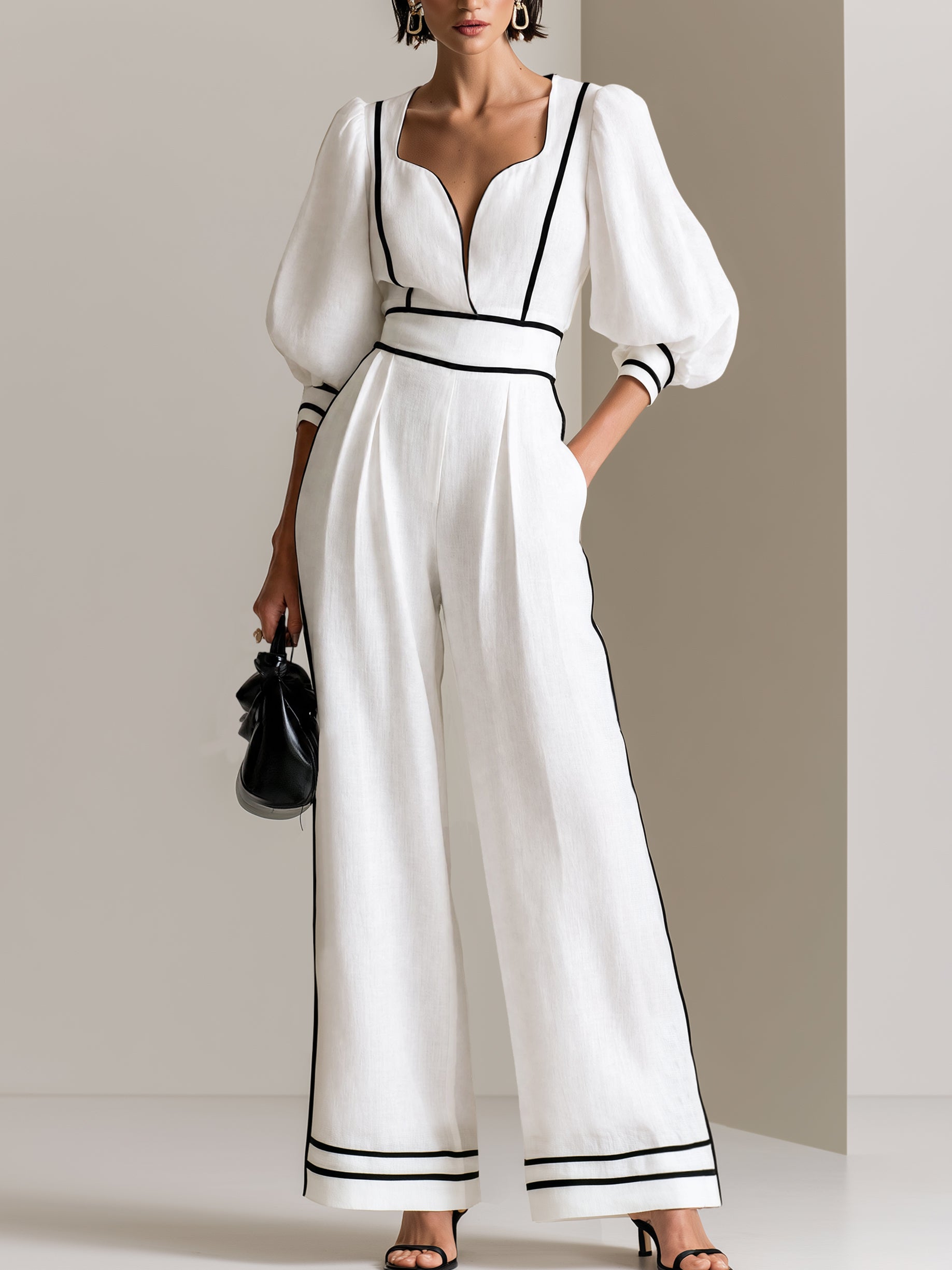 Linen Contrast Piping Puff Sleeve Wide Leg Jumpsuit