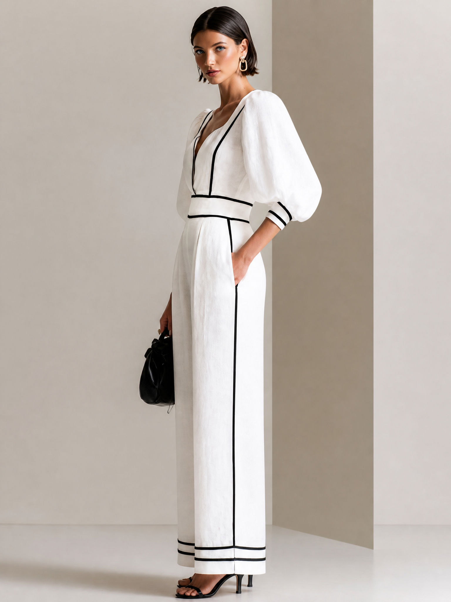 Linen Contrast Piping Puff Sleeve Wide Leg Jumpsuit