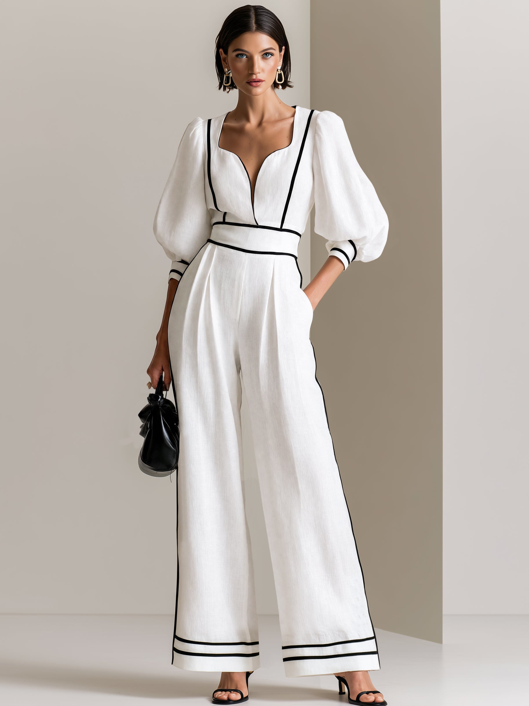 Linen Contrast Piping Puff Sleeve Wide Leg Jumpsuit