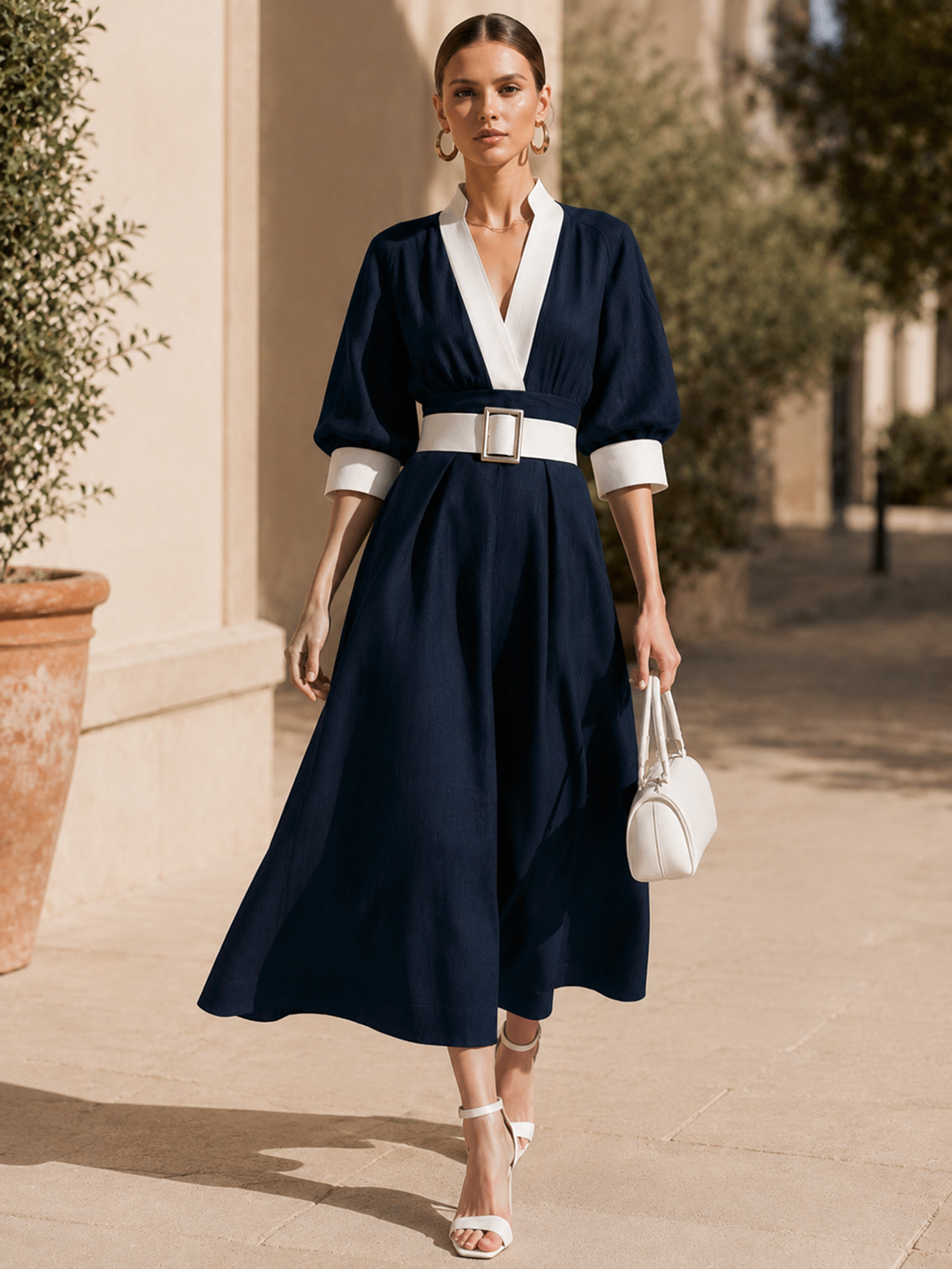 Elegant Navy Blue Linen Blend V-Neck Midi Dress
