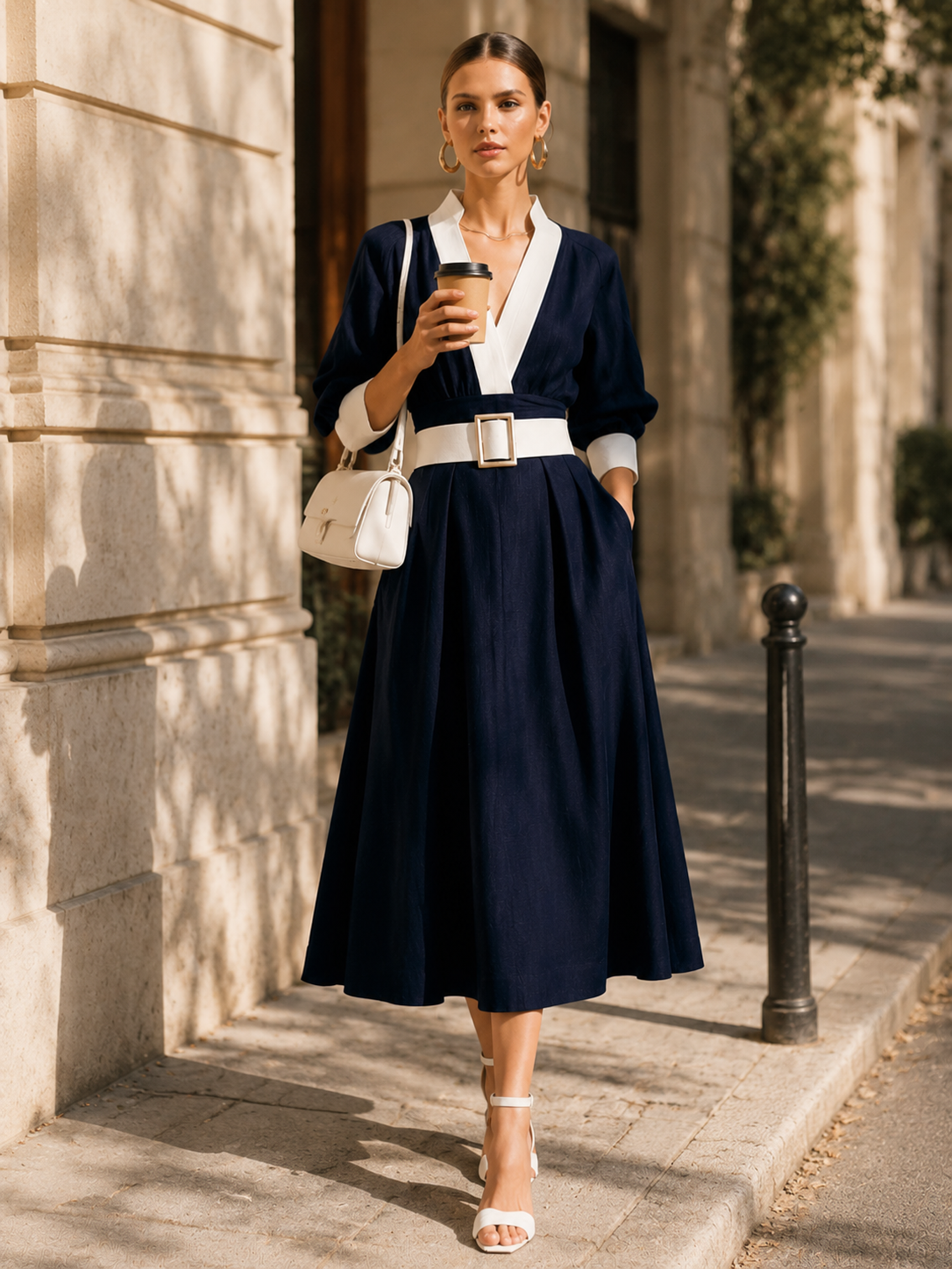 Elegant Navy Blue Linen Blend V-Neck Midi Dress