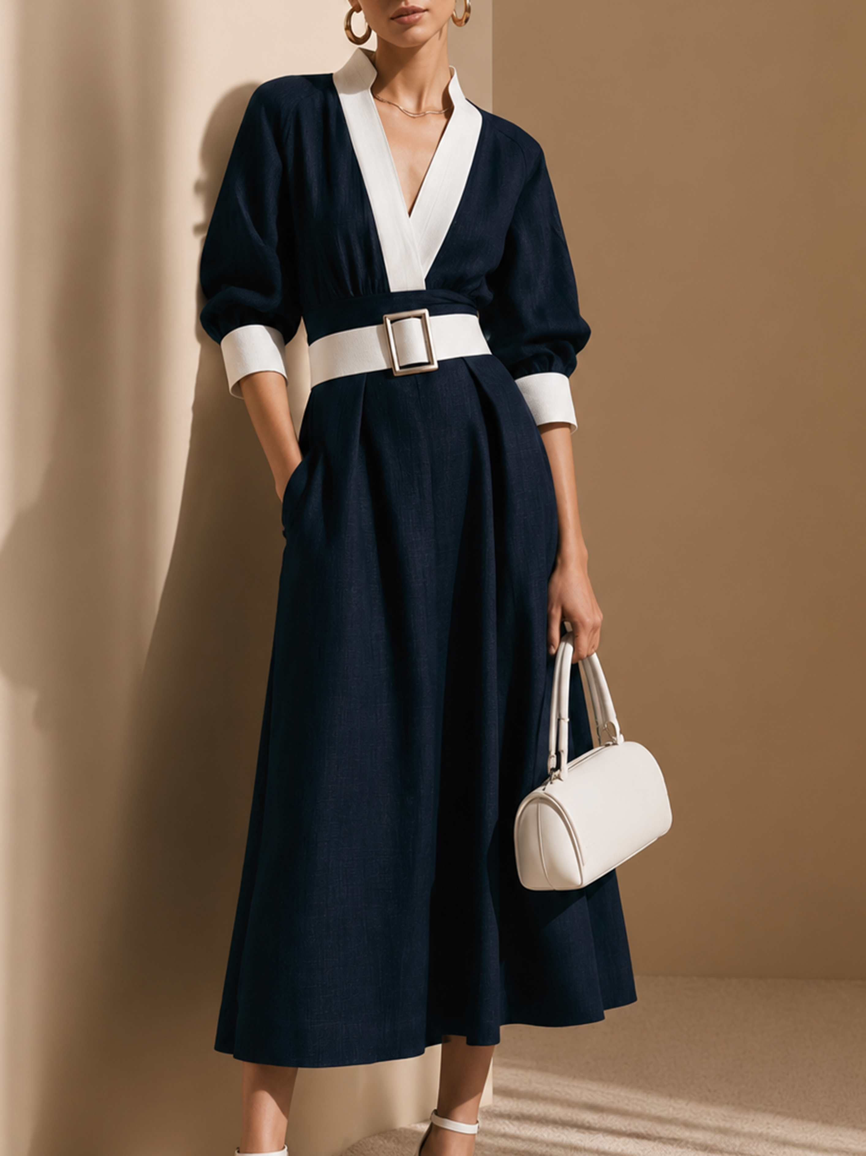 Elegant Navy Blue Linen Blend V-Neck Midi Dress