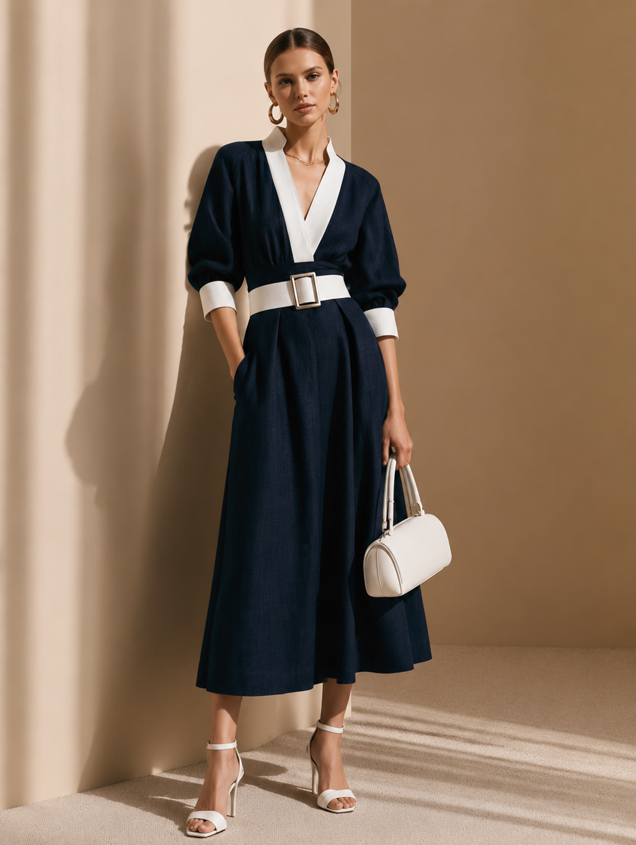 Elegant Navy Blue Linen Blend V-Neck Midi Dress