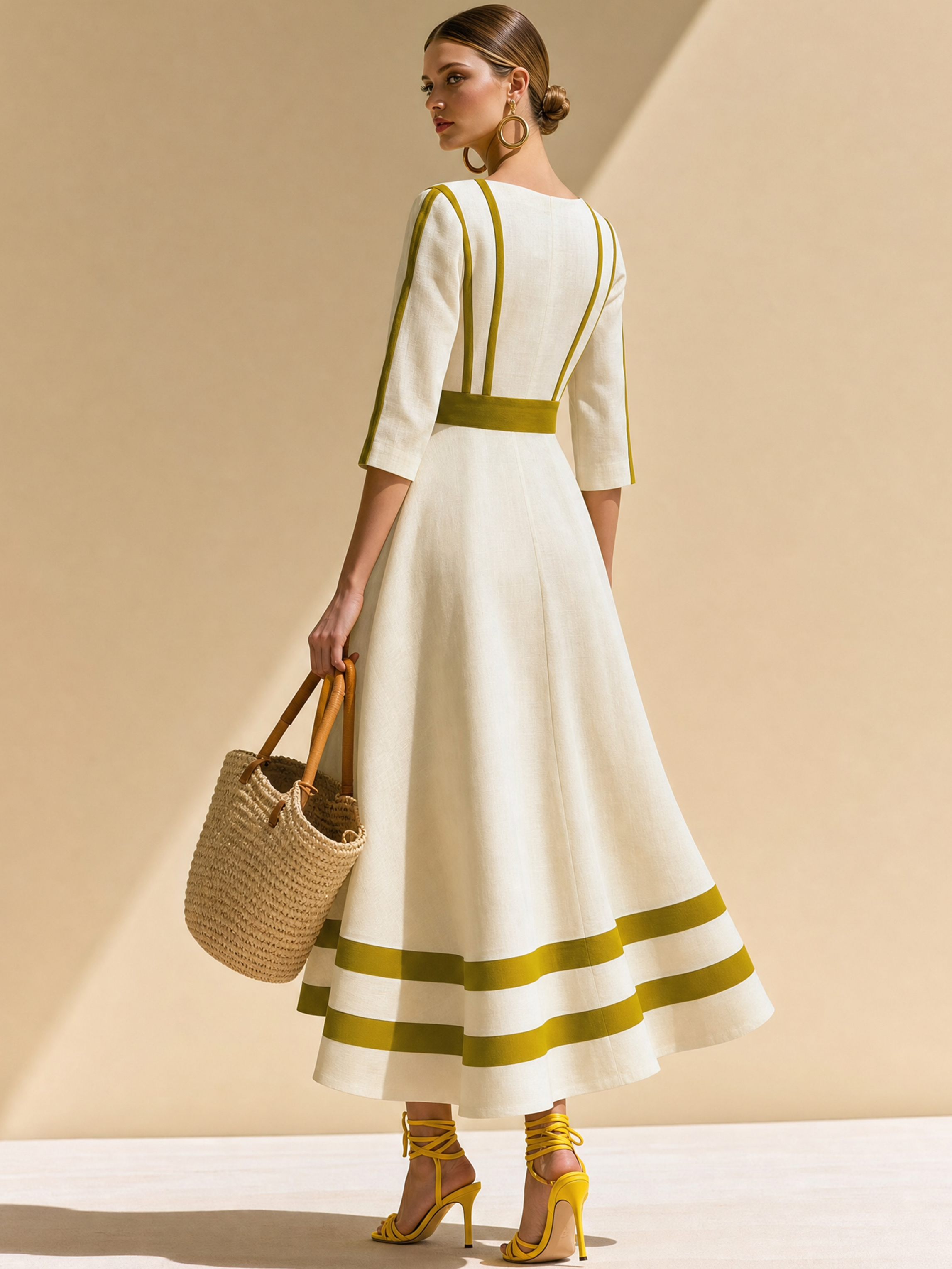 Midi Dress, Cream With Olive Contrast Piping & Belt