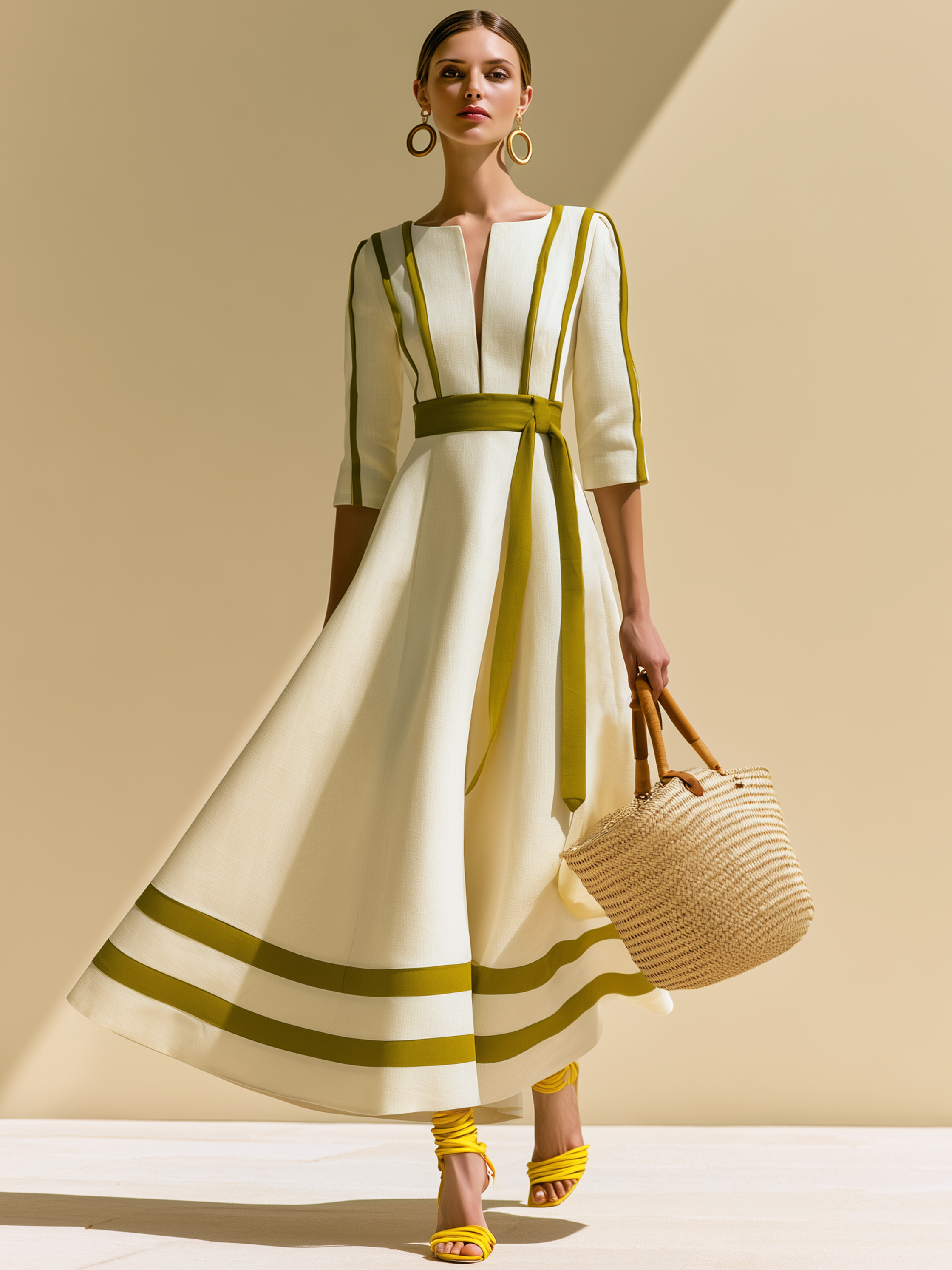 Midi Dress, Cream With Olive Contrast Piping & Belt
