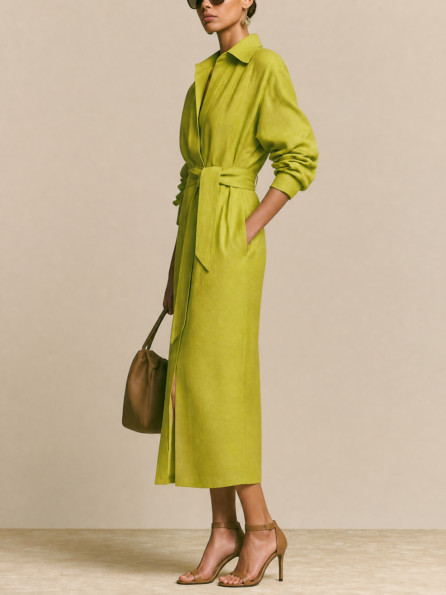 Linen Collared Shirt Midi Dress With Self-Tie Waist Belt