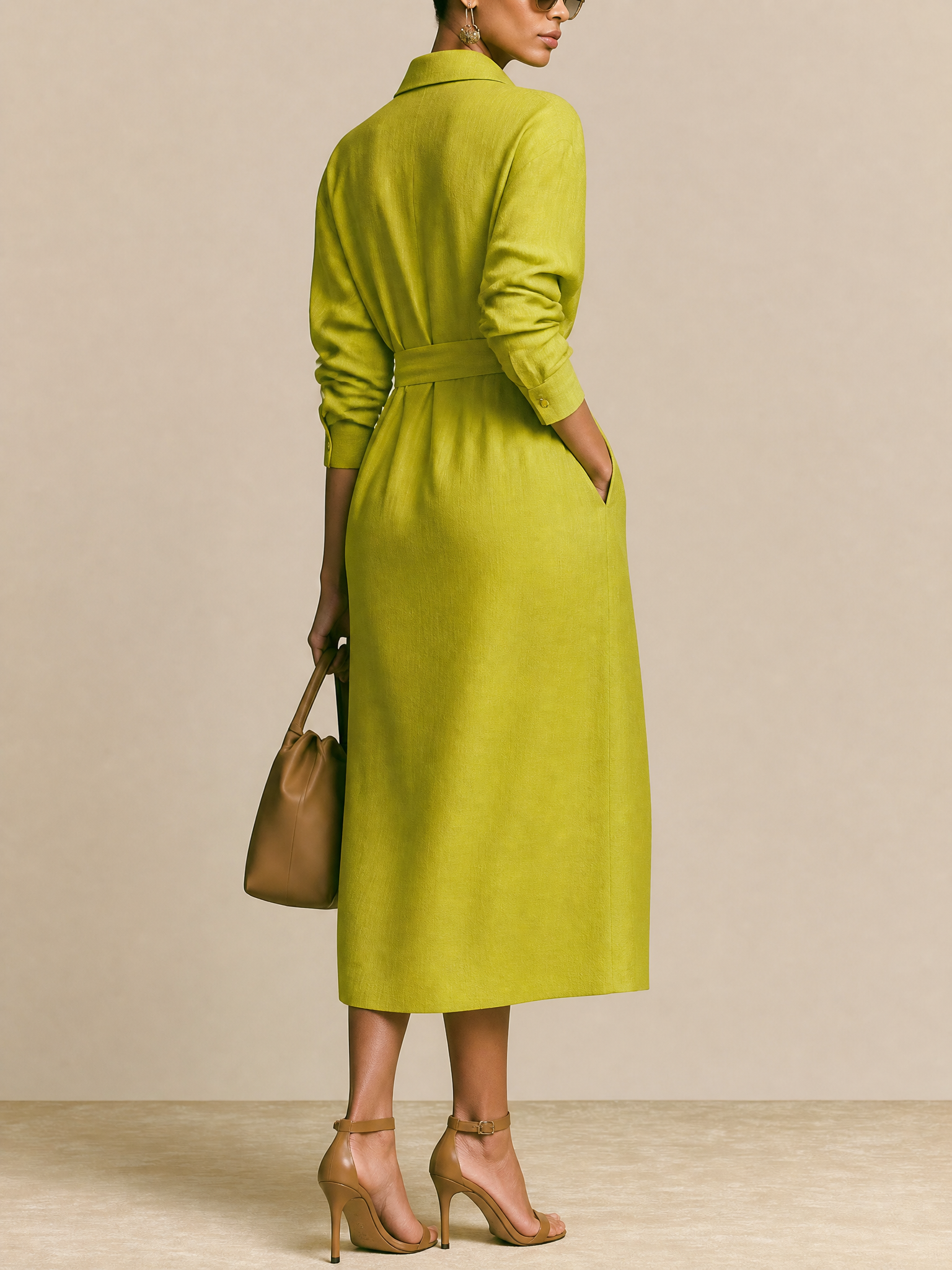 Linen Collared Shirt Midi Dress With Self-Tie Waist Belt
