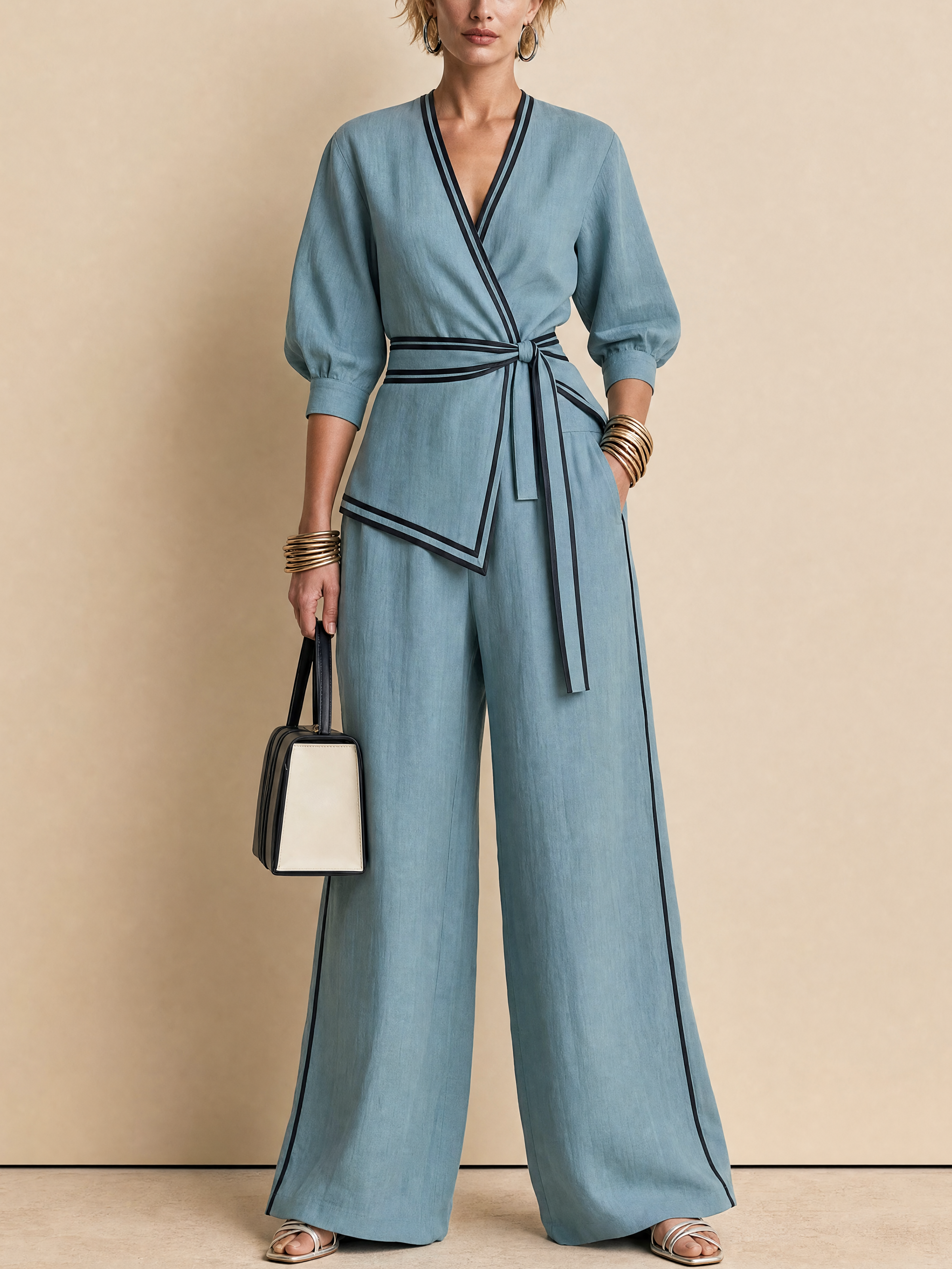 Dusty Blue Contrast Trim Wrap Top & Wide Leg Pants Two-Piece Set
