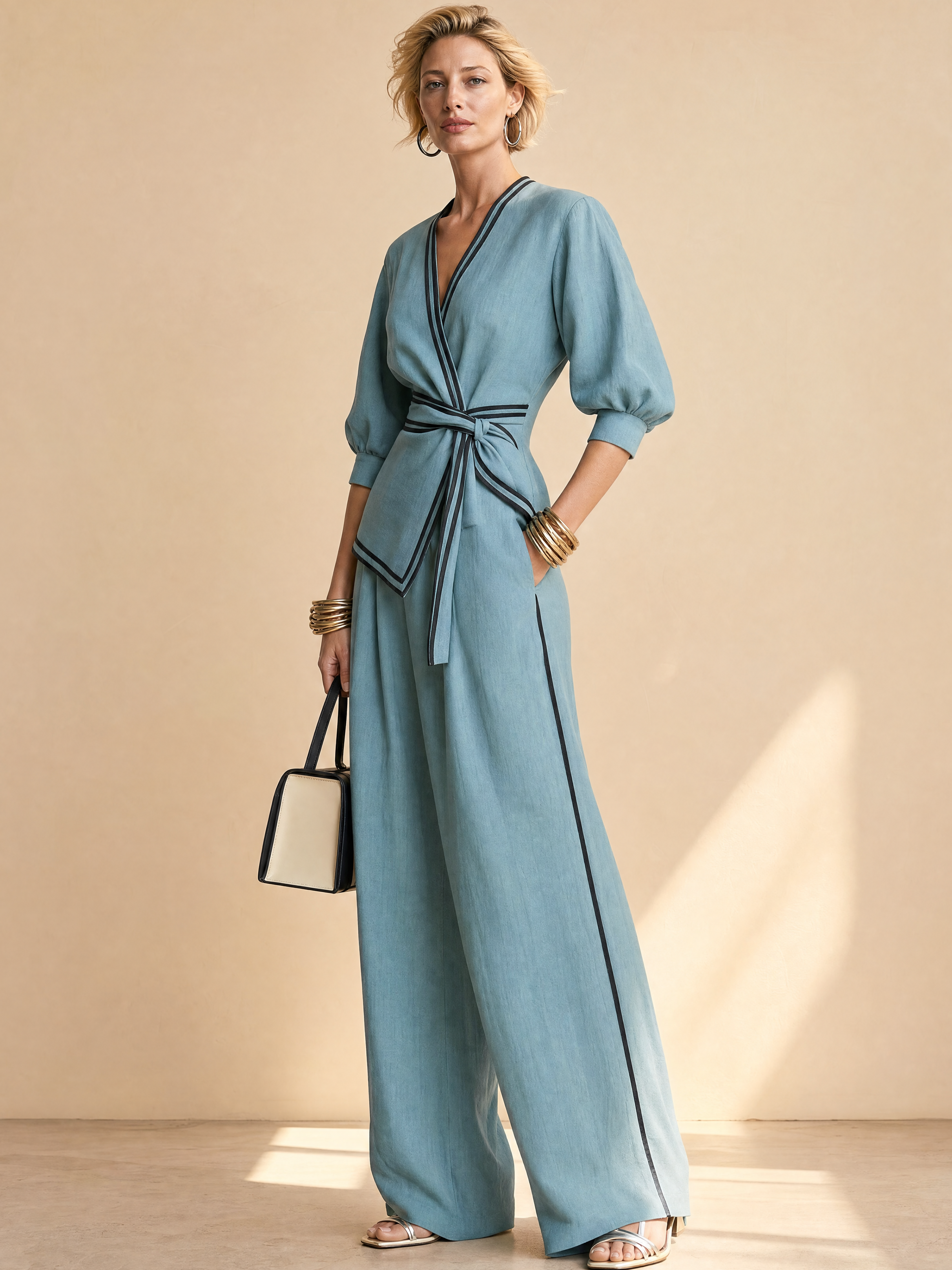 Dusty Blue Contrast Trim Wrap Top & Wide Leg Pants Two-Piece Set