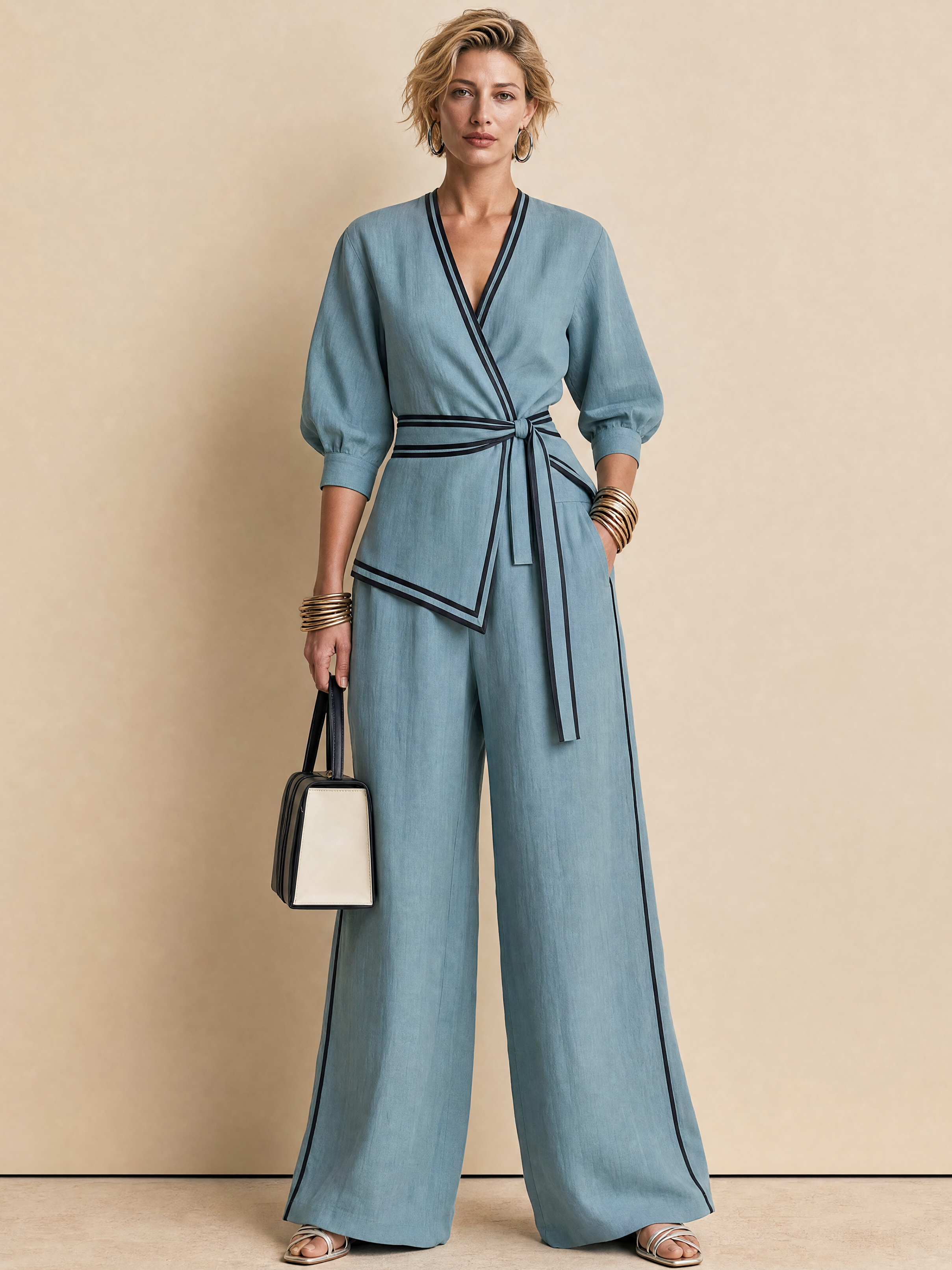 Dusty Blue Contrast Trim Wrap Top & Wide Leg Pants Two-Piece Set