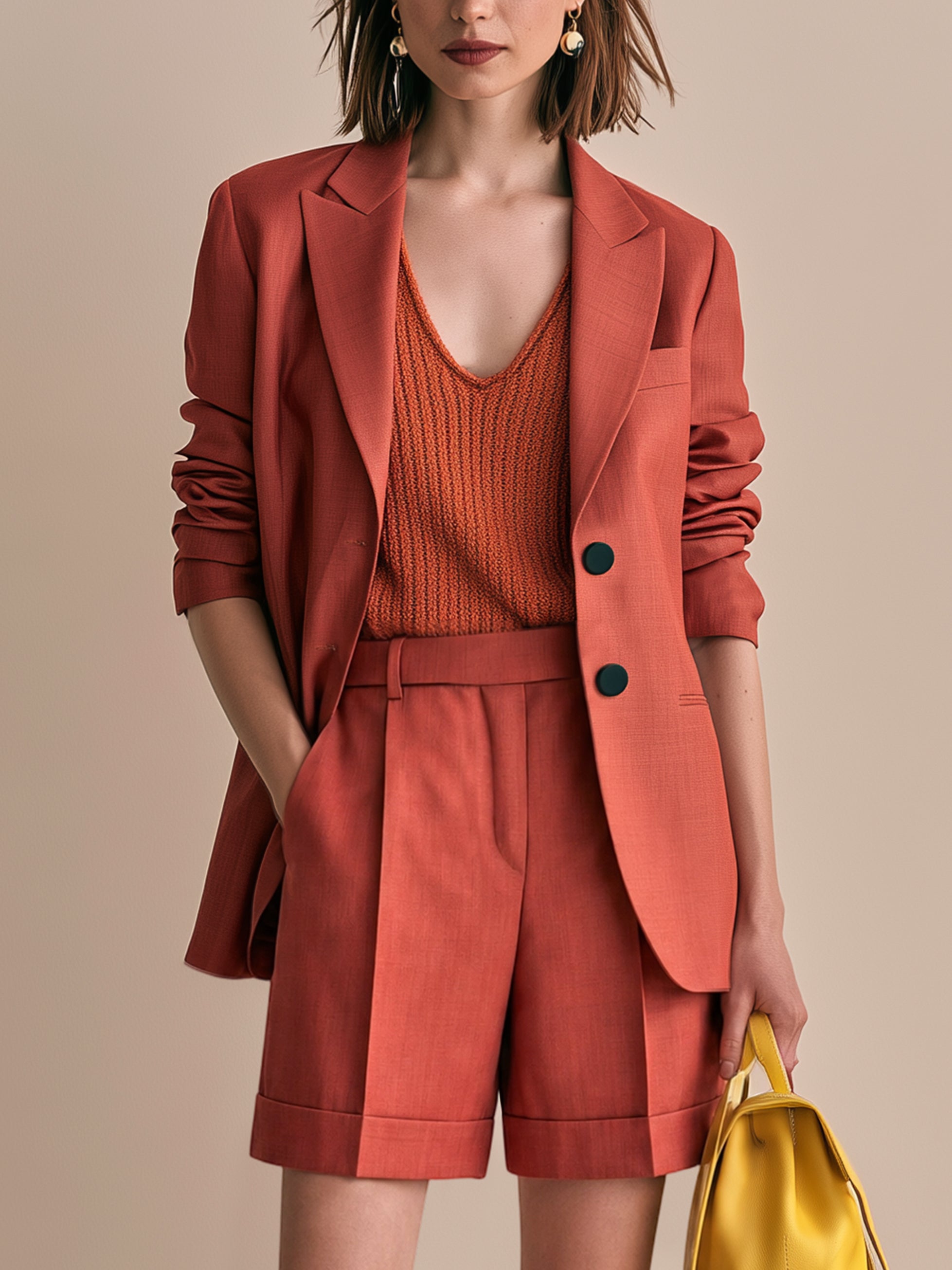 Elegant Tailored Dusty Brick Red Blazer &Shorts Suit