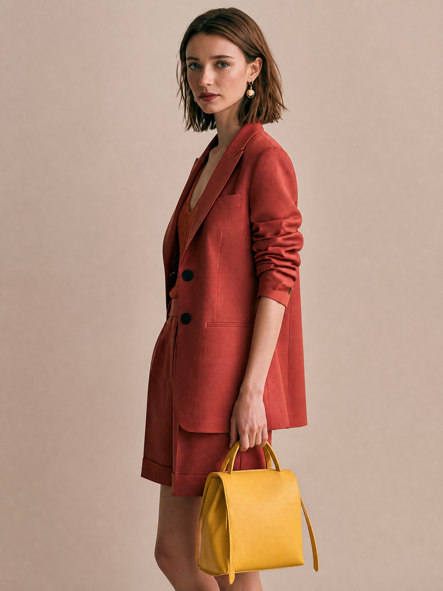 Elegant Tailored Dusty Brick Red Blazer &Shorts Suit