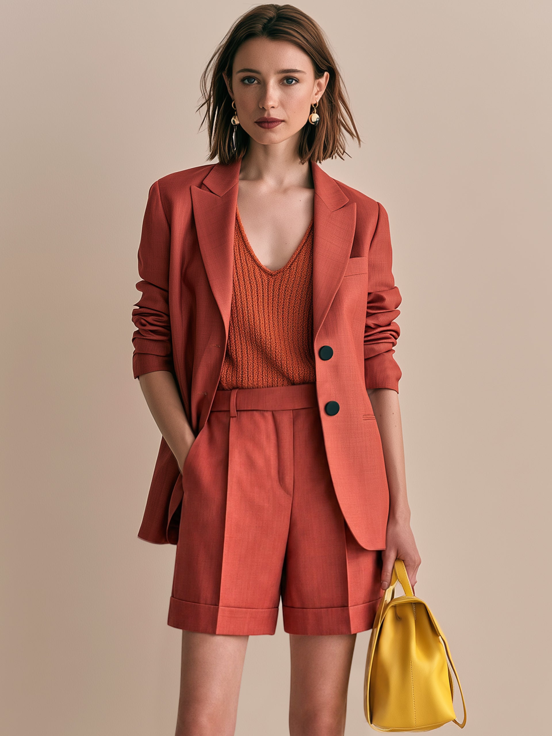 Elegant Tailored Dusty Brick Red Blazer &Shorts Suit