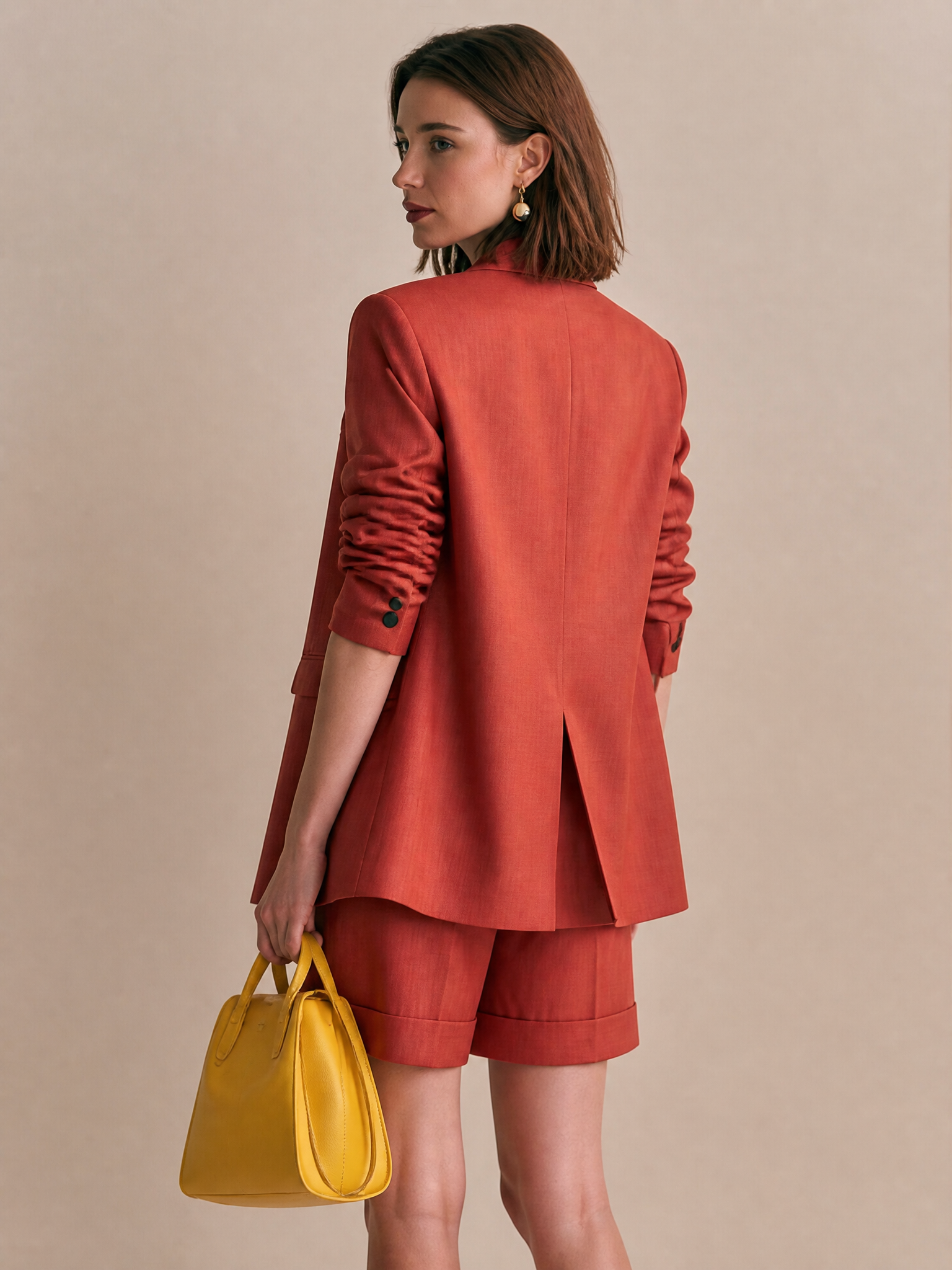 Elegant Tailored Dusty Brick Red Blazer &Shorts Suit