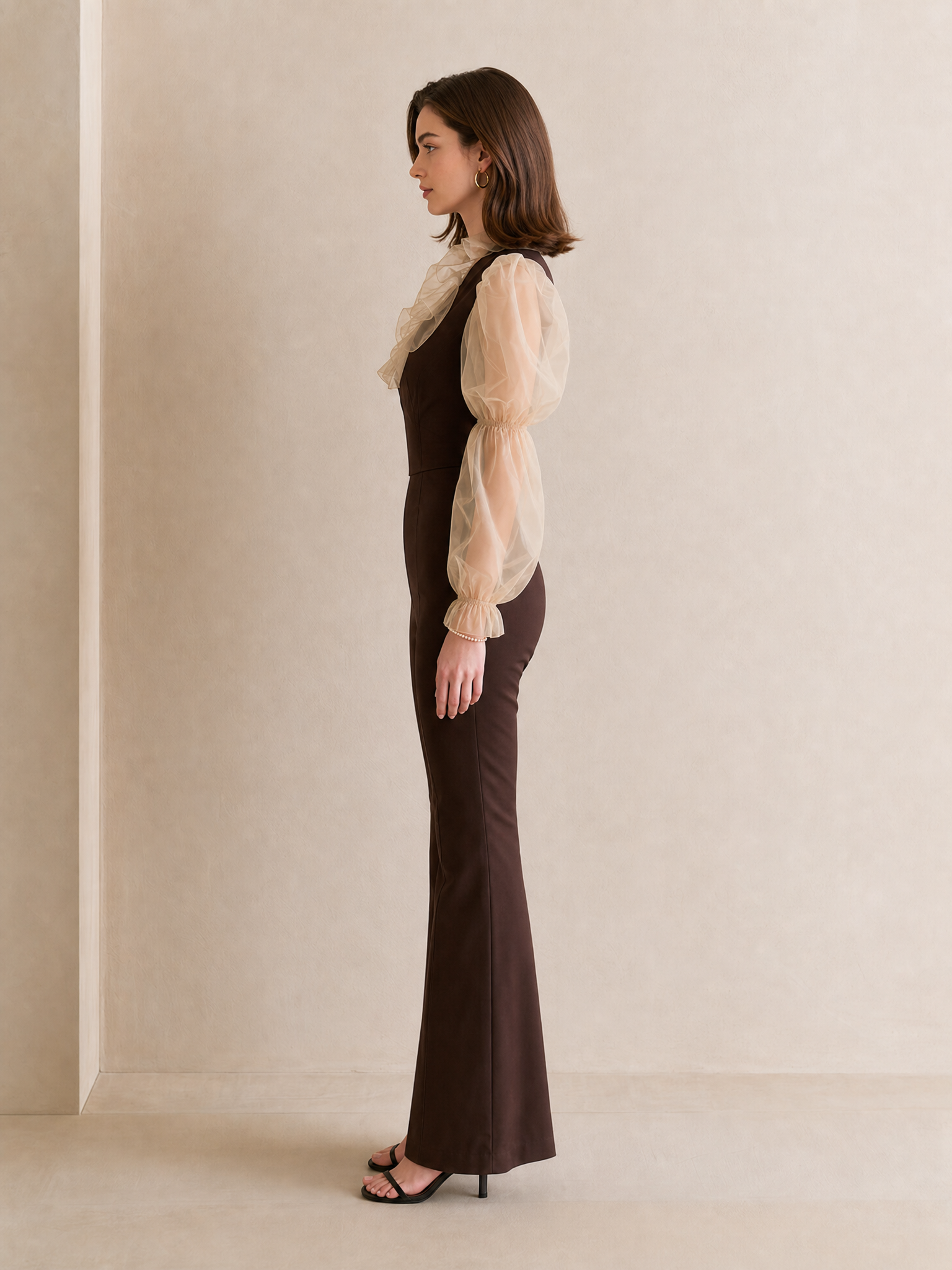 Elegant Brown Sheer Linen Puff-Sleeve Bodysuit