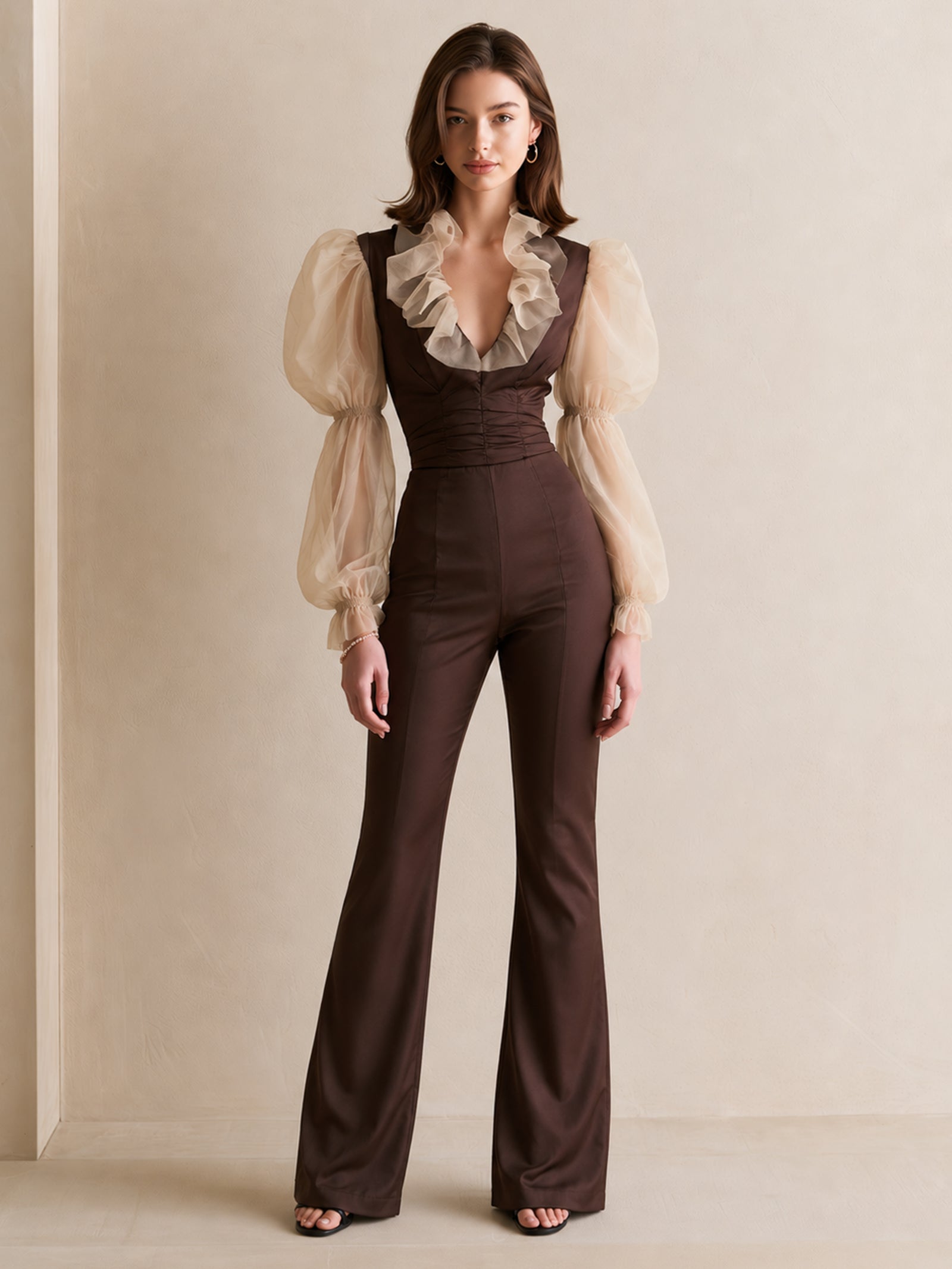 Elegant Brown Sheer Linen Puff-Sleeve Bodysuit