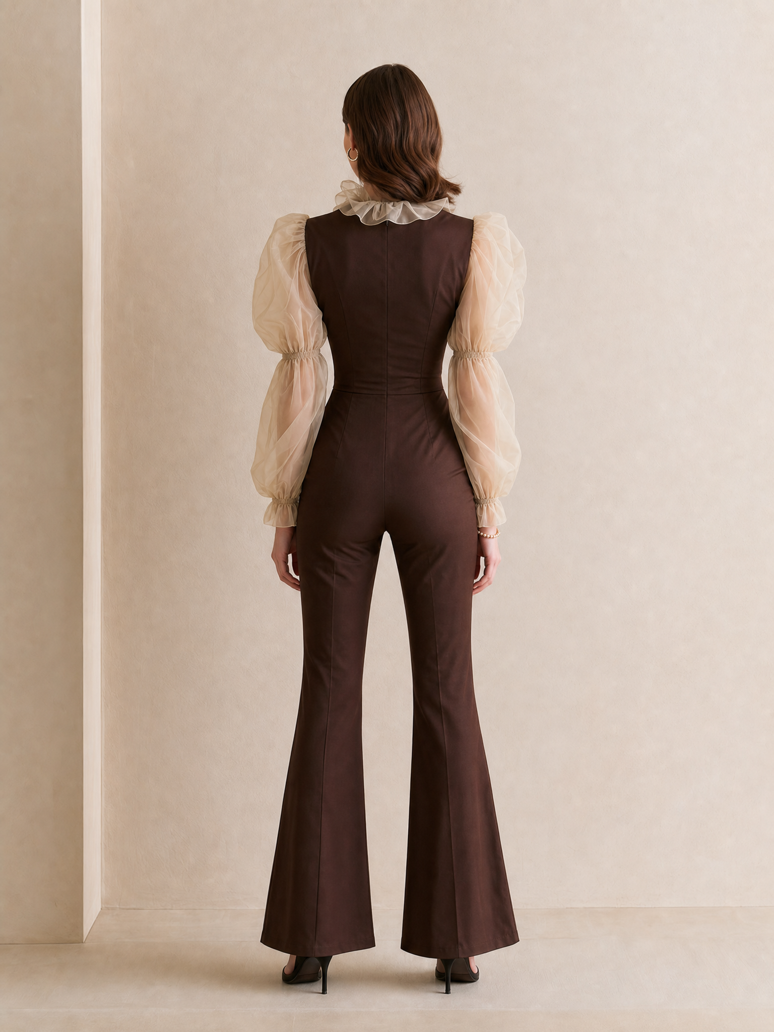 Elegant Brown Sheer Linen Puff-Sleeve Bodysuit