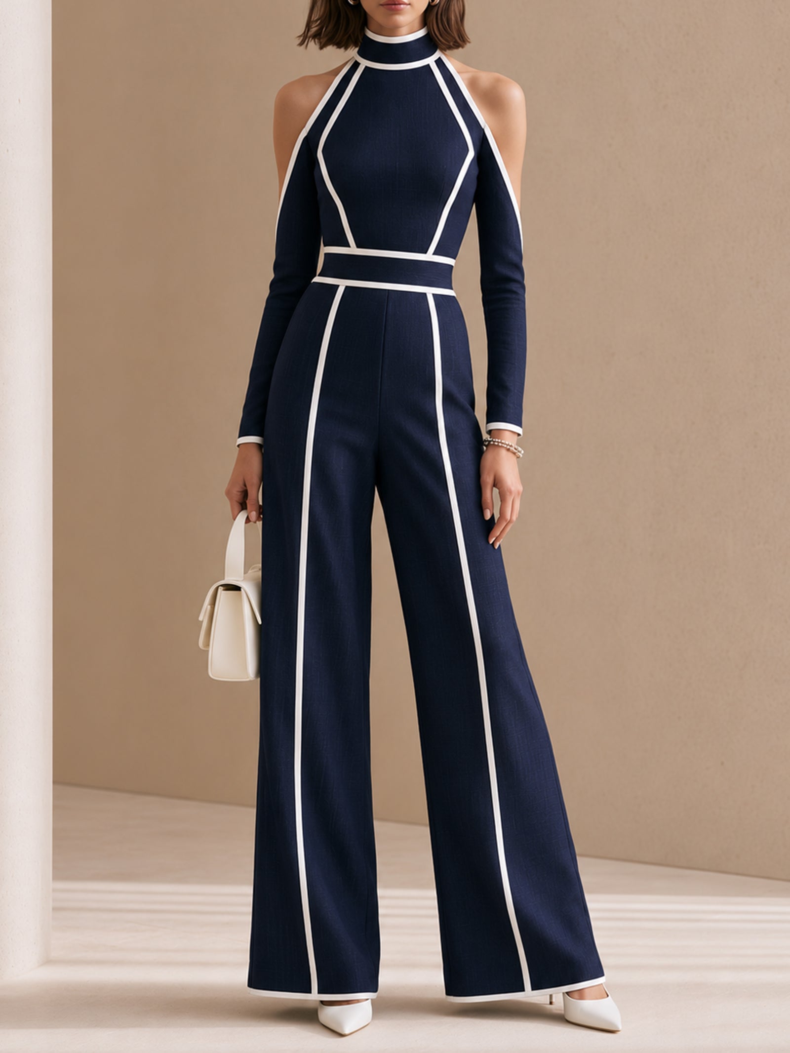 Elegant Linen Bodysuit With Blue Piping
