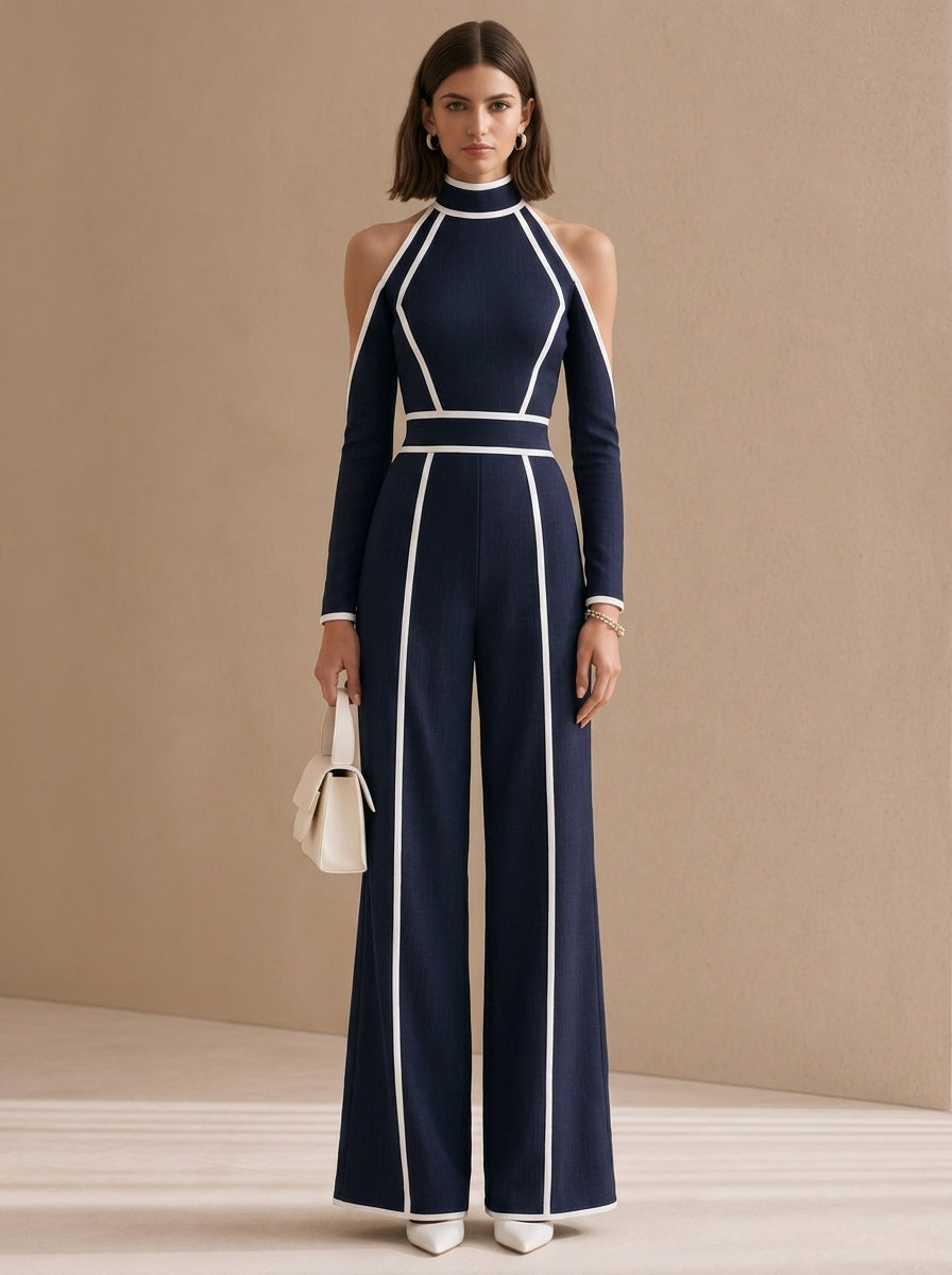 Elegant Linen Bodysuit With Blue Piping