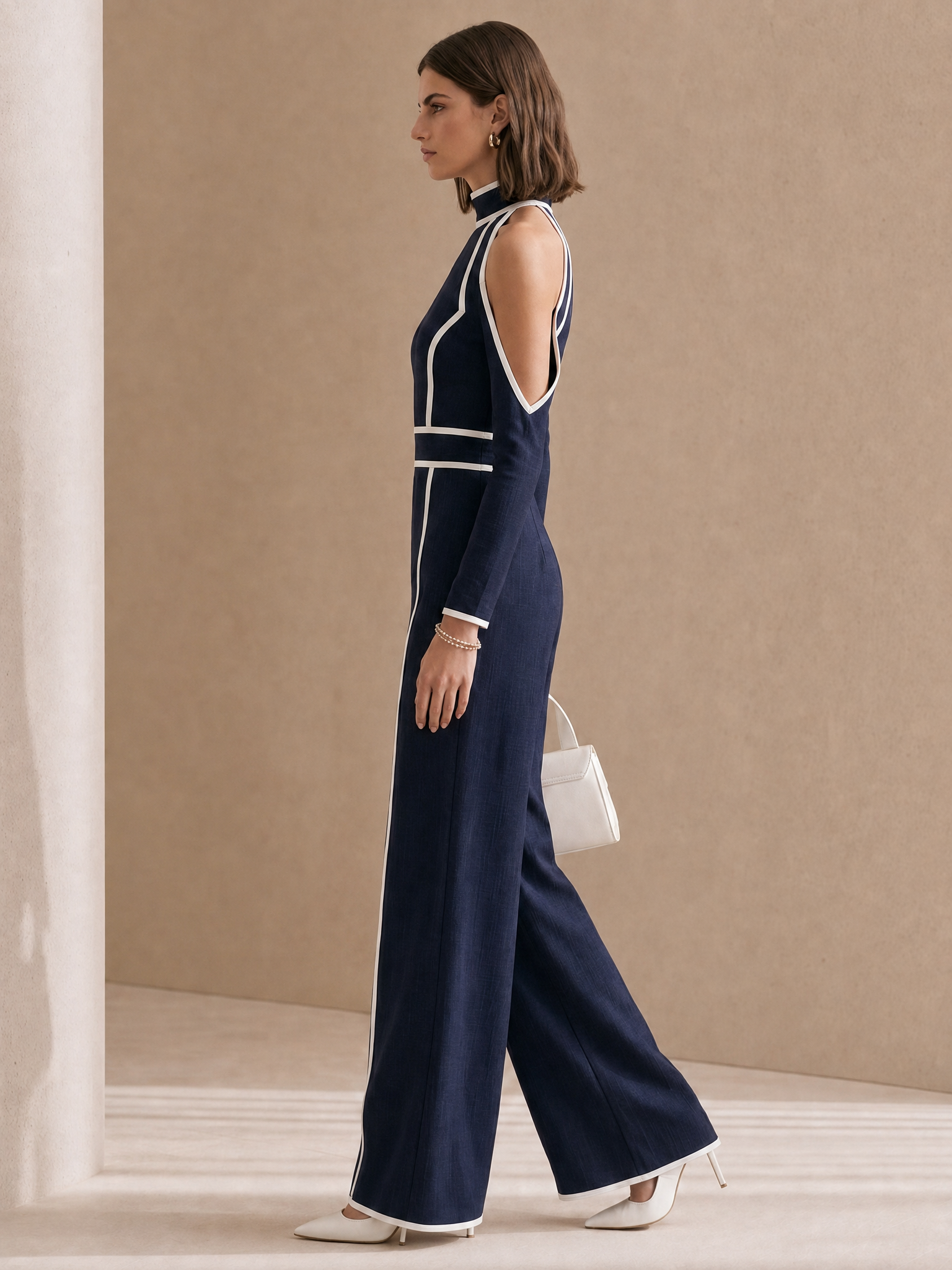 Elegant Linen Bodysuit With Blue Piping