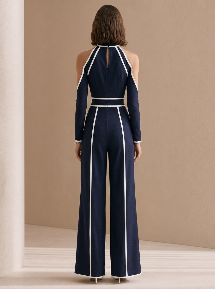 Elegant Linen Bodysuit With Blue Piping