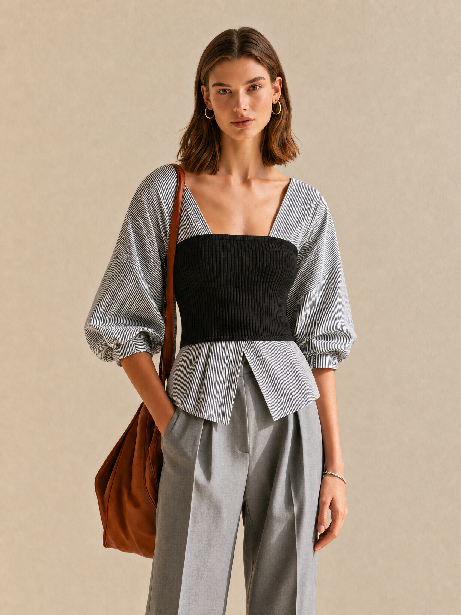Striped Knit Tube Top Shirt With A Faux-layered Design
