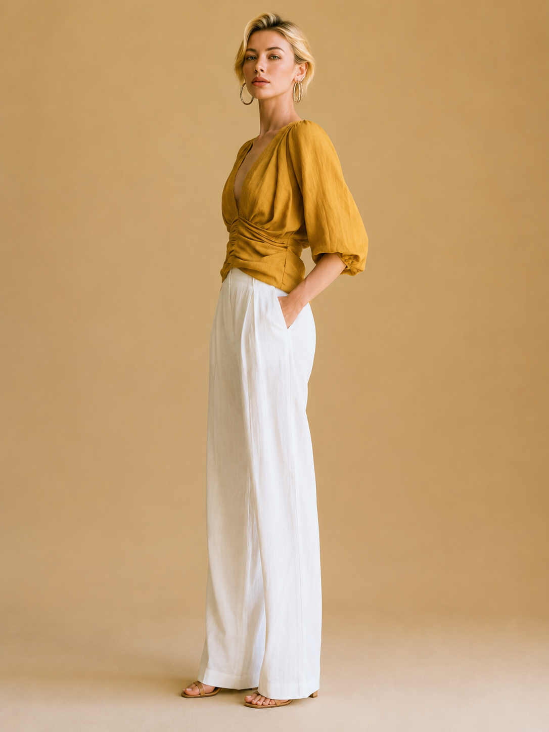Elegant Ginger-yellow Linen Shirt With A Lace Collar