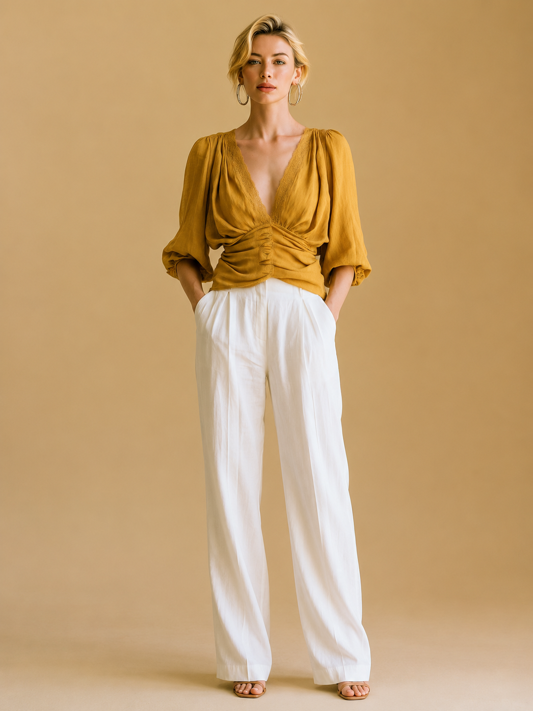 Elegant Ginger-yellow Linen Shirt With A Lace Collar