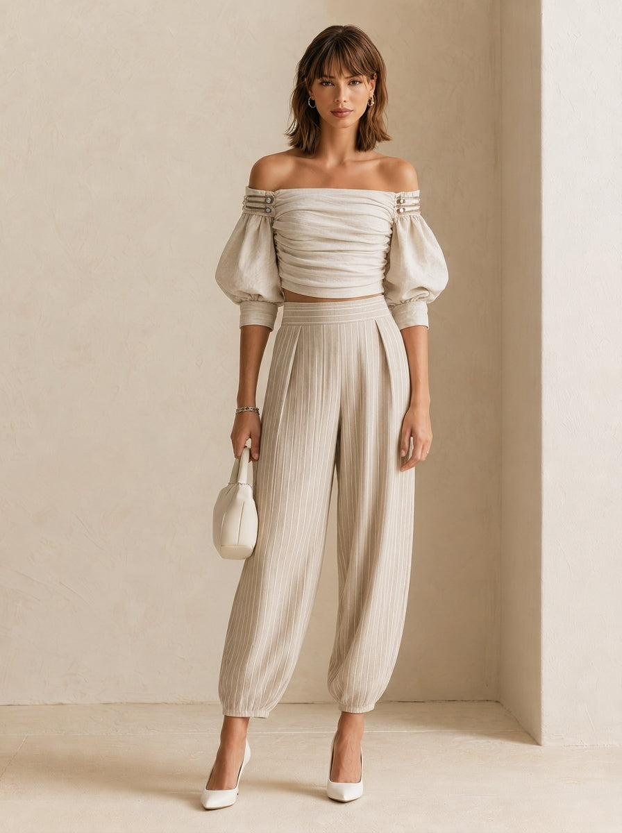 Elegant White Pleated Linen Set