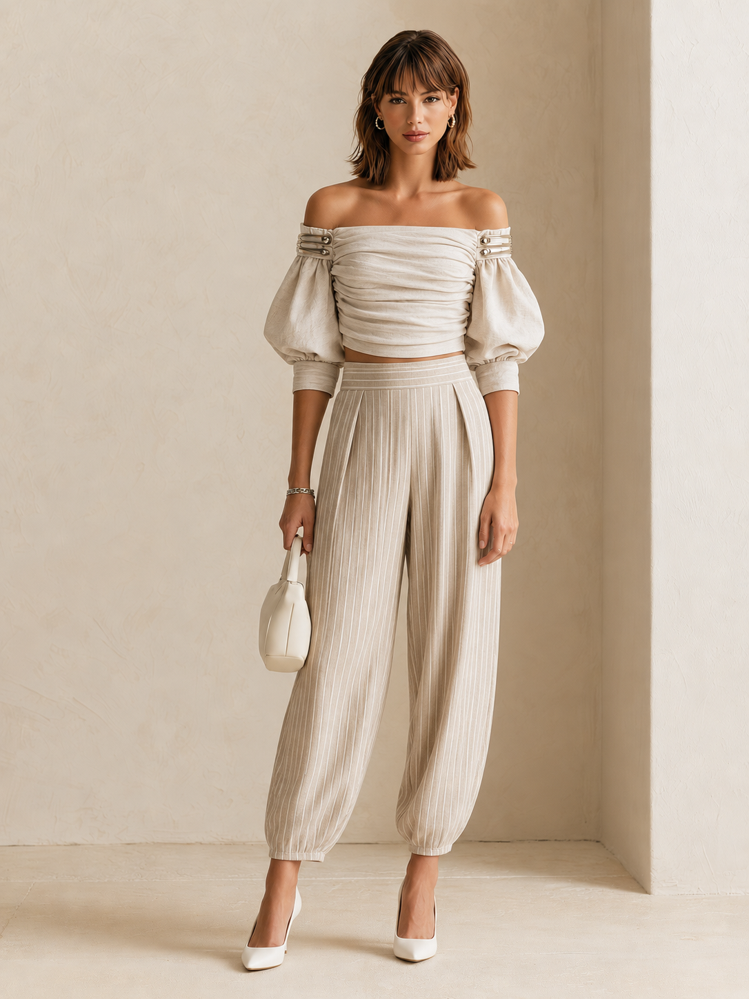 Elegant White Pleated Linen Set