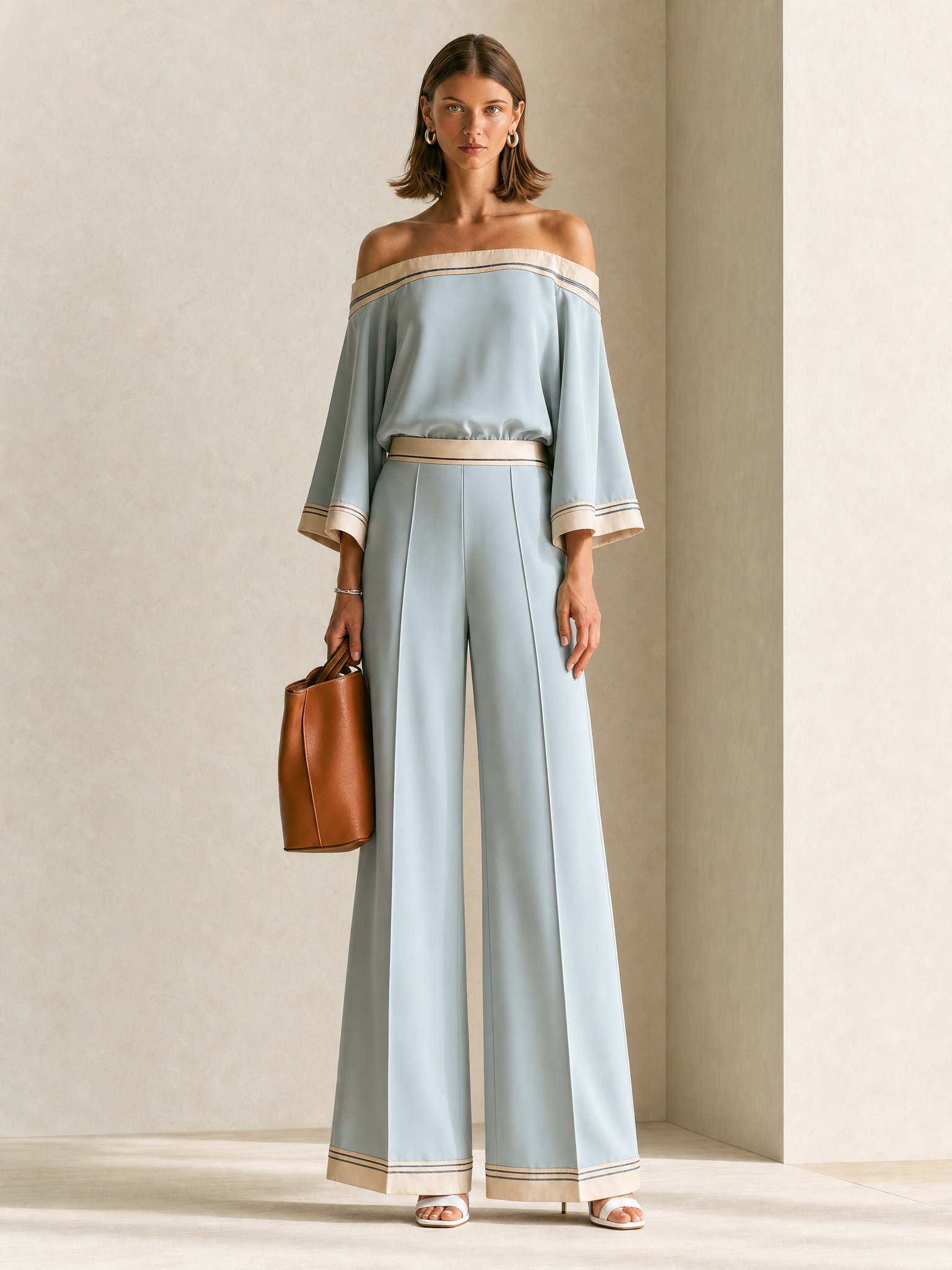 Elegant Grey-blue Batwing-sleeve Set With Piping Detail