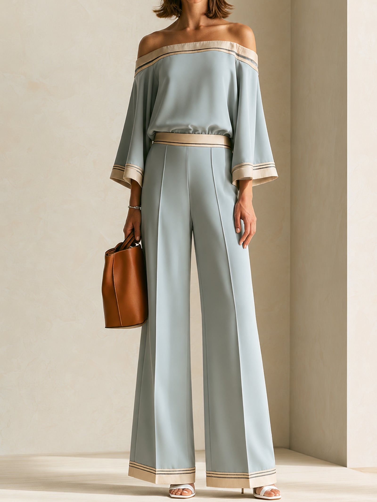 Elegant Grey-blue Batwing-sleeve Set With Piping Detail