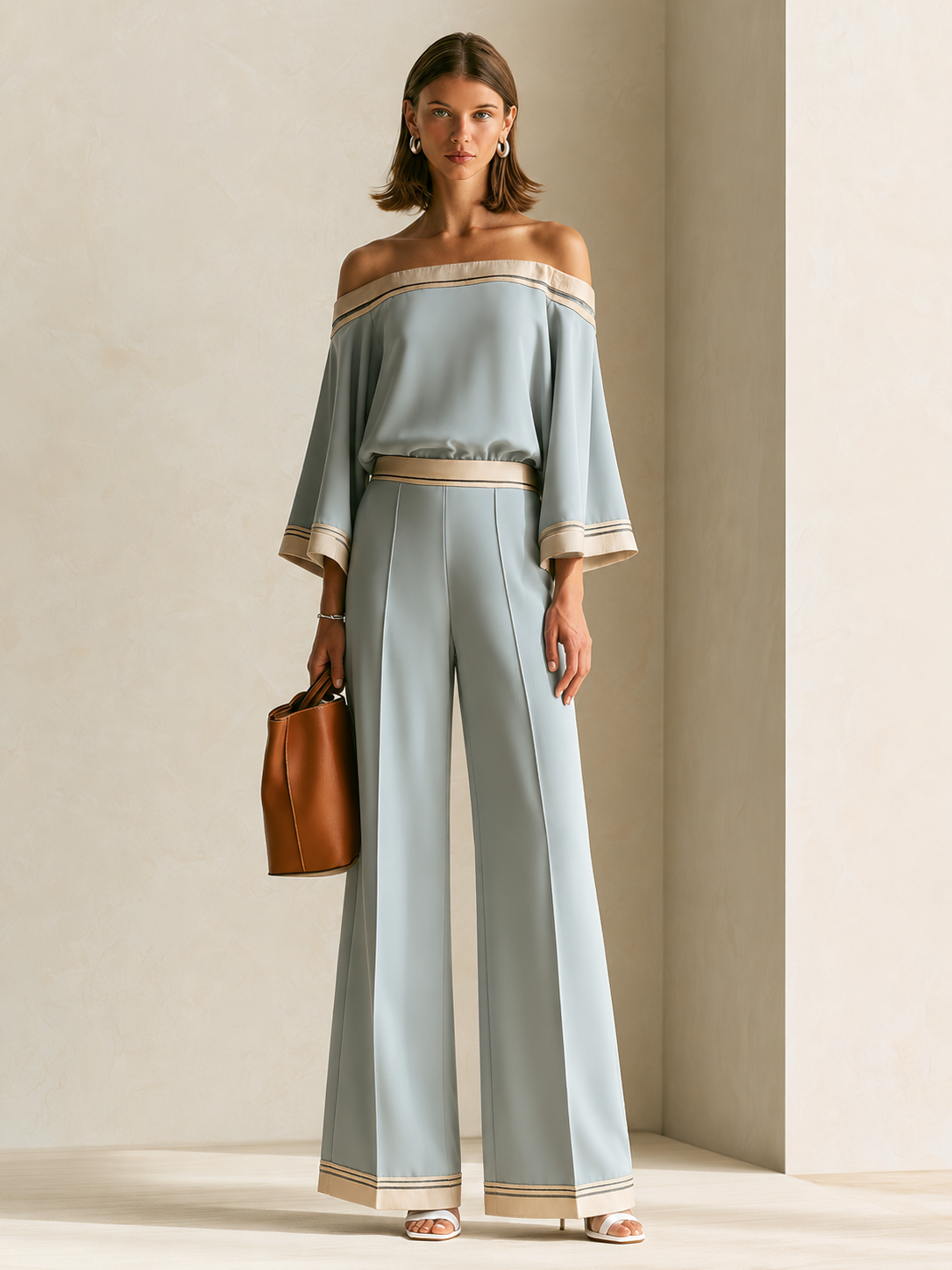 Elegant Grey-blue Batwing-sleeve Set With Piping Detail